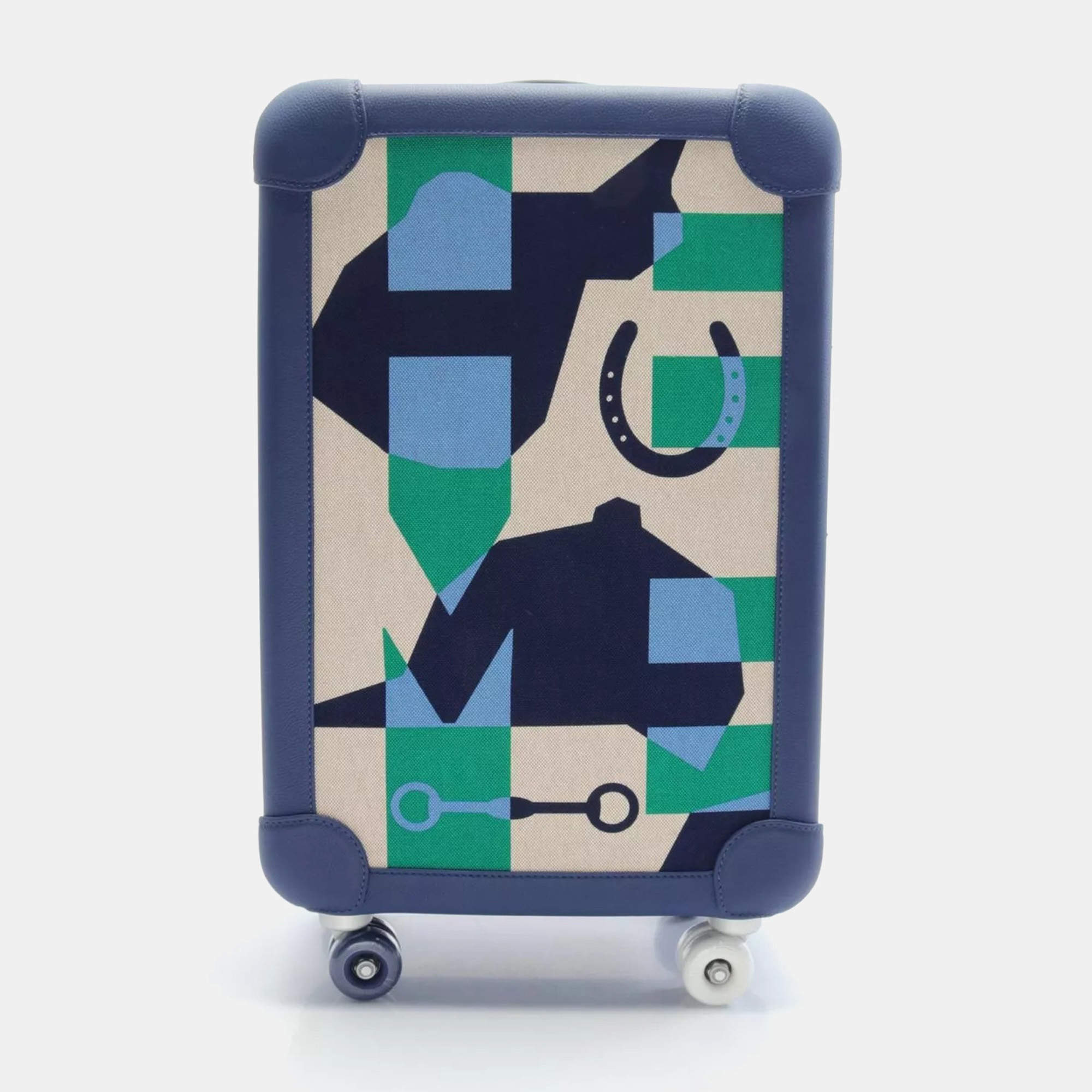 Pre Owned Hermes Beige Navy Leather Rolling Mobility Carry Bag