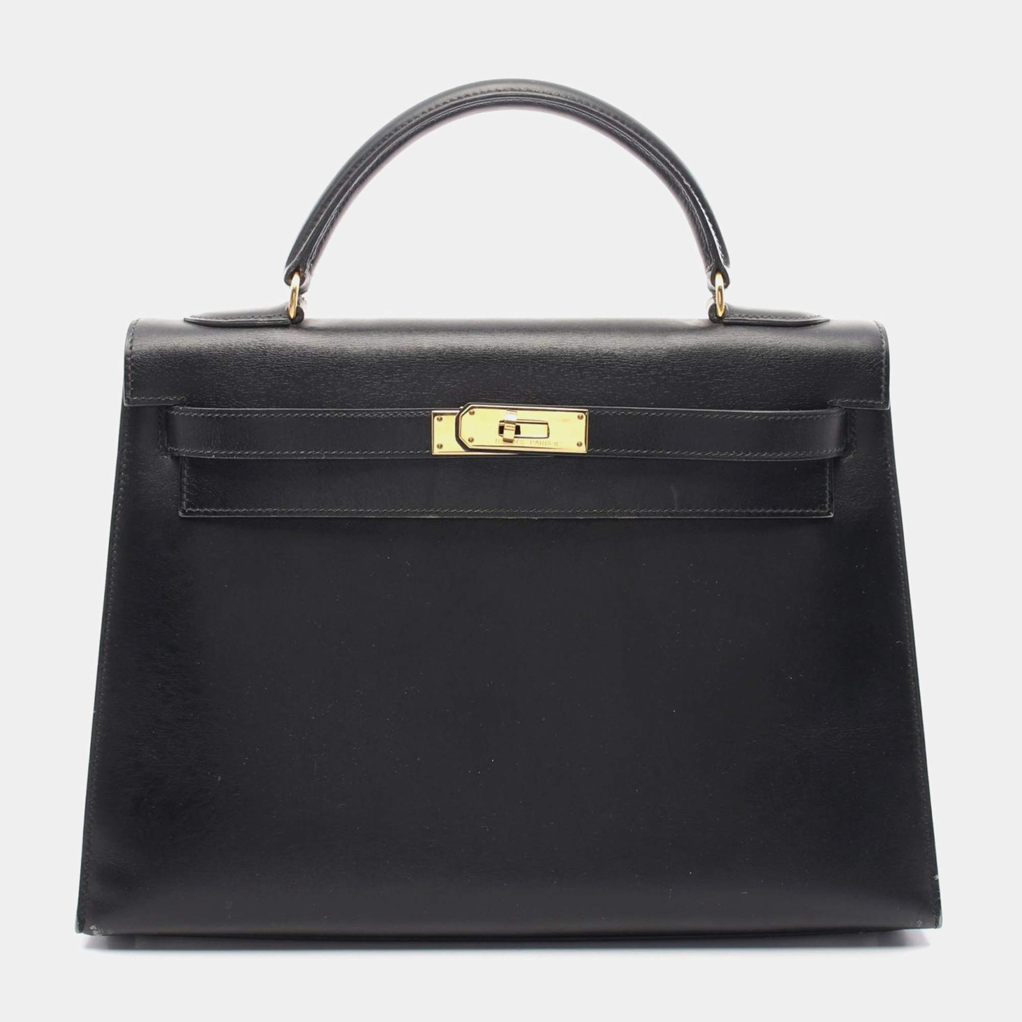 Pre Owned Hermes Black Box Calf Leather Kelly 32 Hand Bag GHW