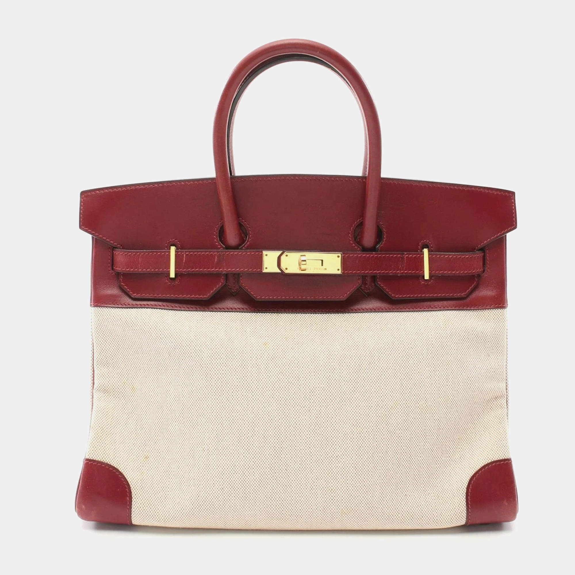 Hermes Beige Ecru Rouge Toile H Leather H  X Birkin 35 Handbag GHW