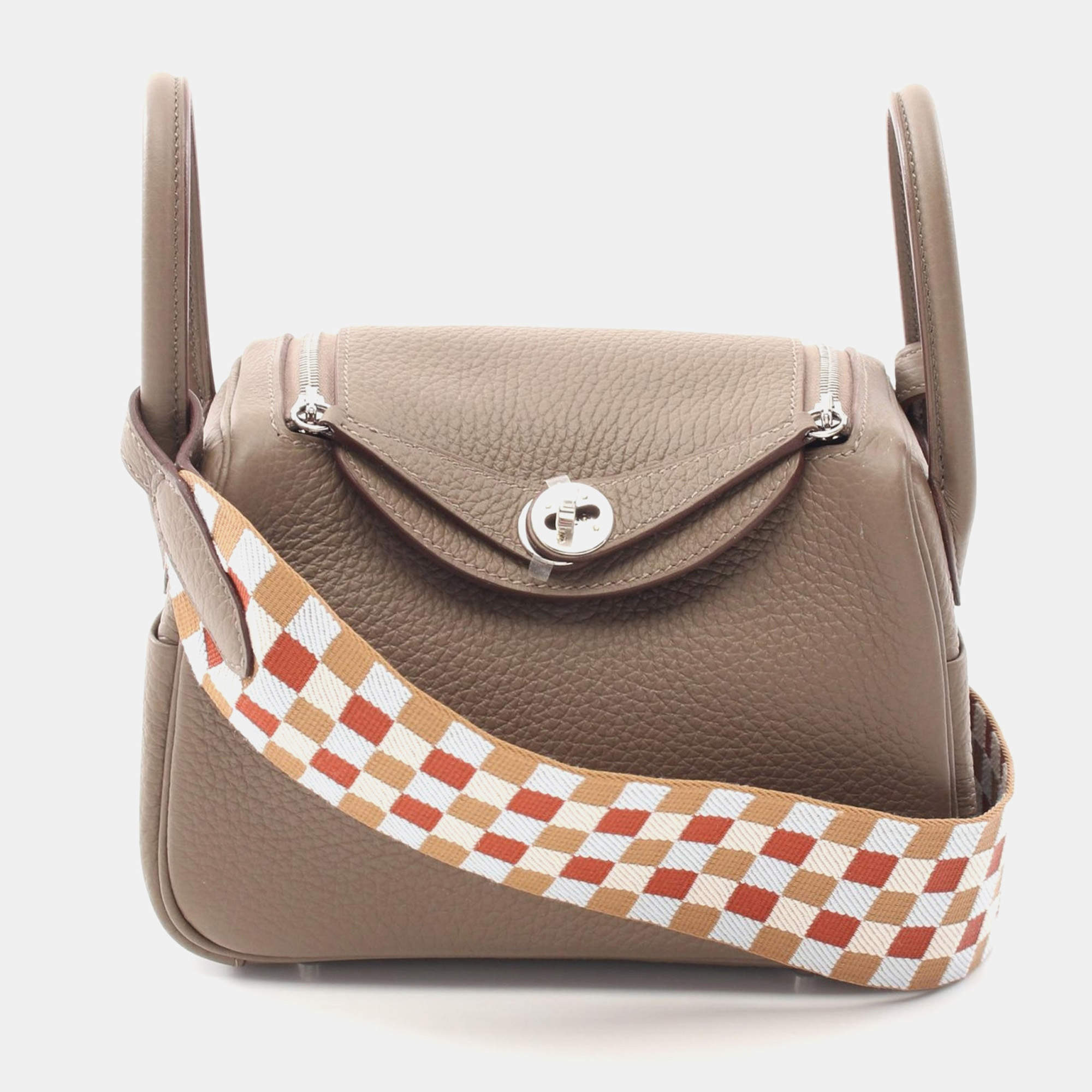 Pre Owned Hermes Etoupe Grey Maxi-Quadrille Taurillon Clemence Leather Lindy Mini Crossbody Bag