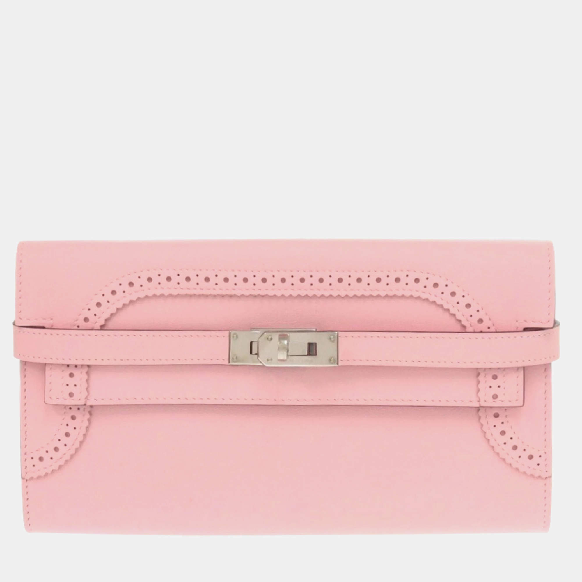 Hermes Rose Sakura Swift Leather Kelly Long Ghillies Wallet 