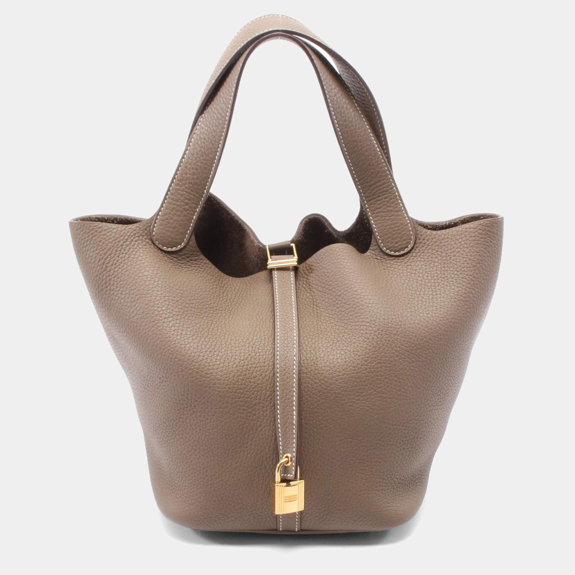 Hermes Etoupe Taurillon Clemence Leather Picotin Lock 22 Bucket Bag