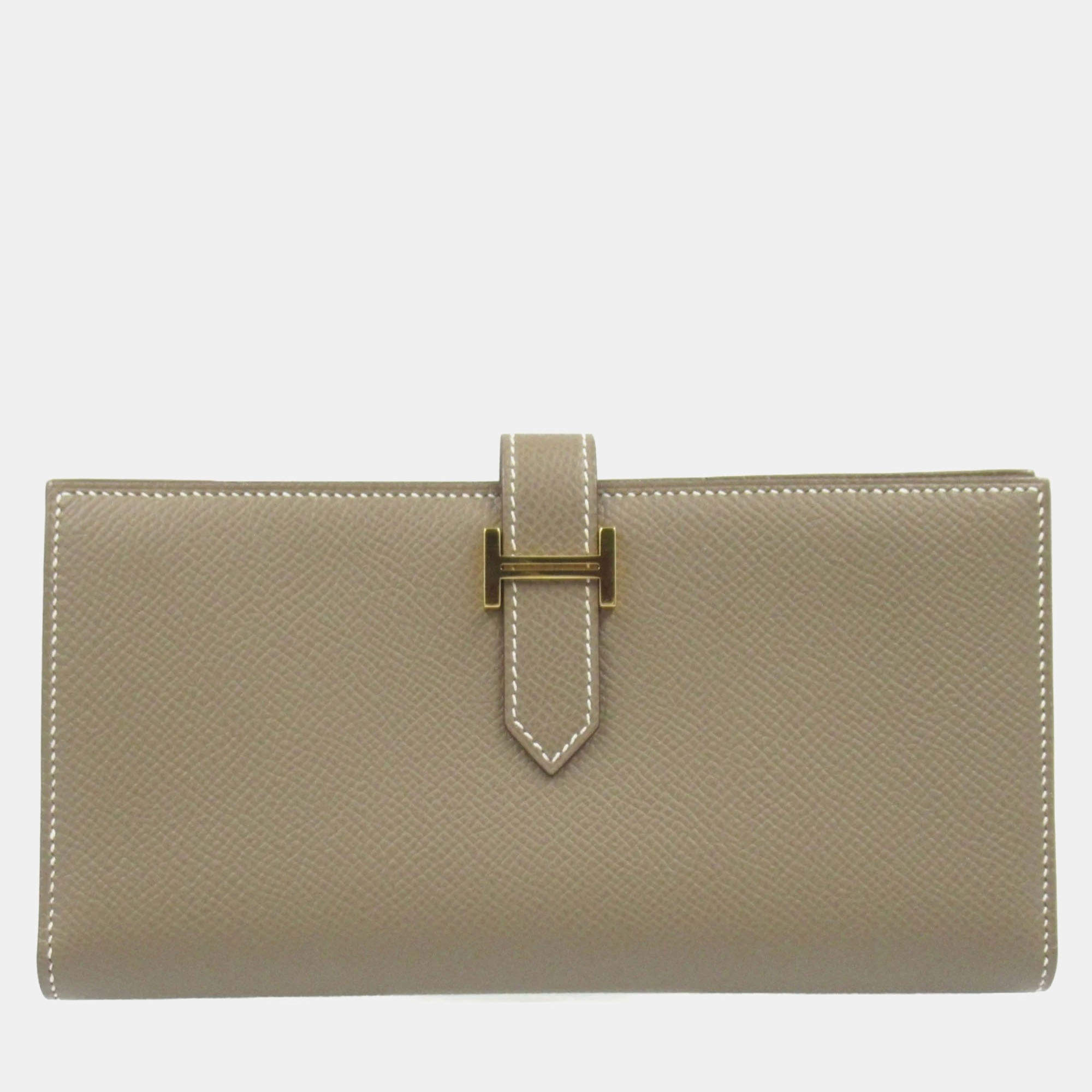 Hermes Brown Etoupe Grey Epsom Leather Bearn Soufflet Bi-Fold Long Wallet