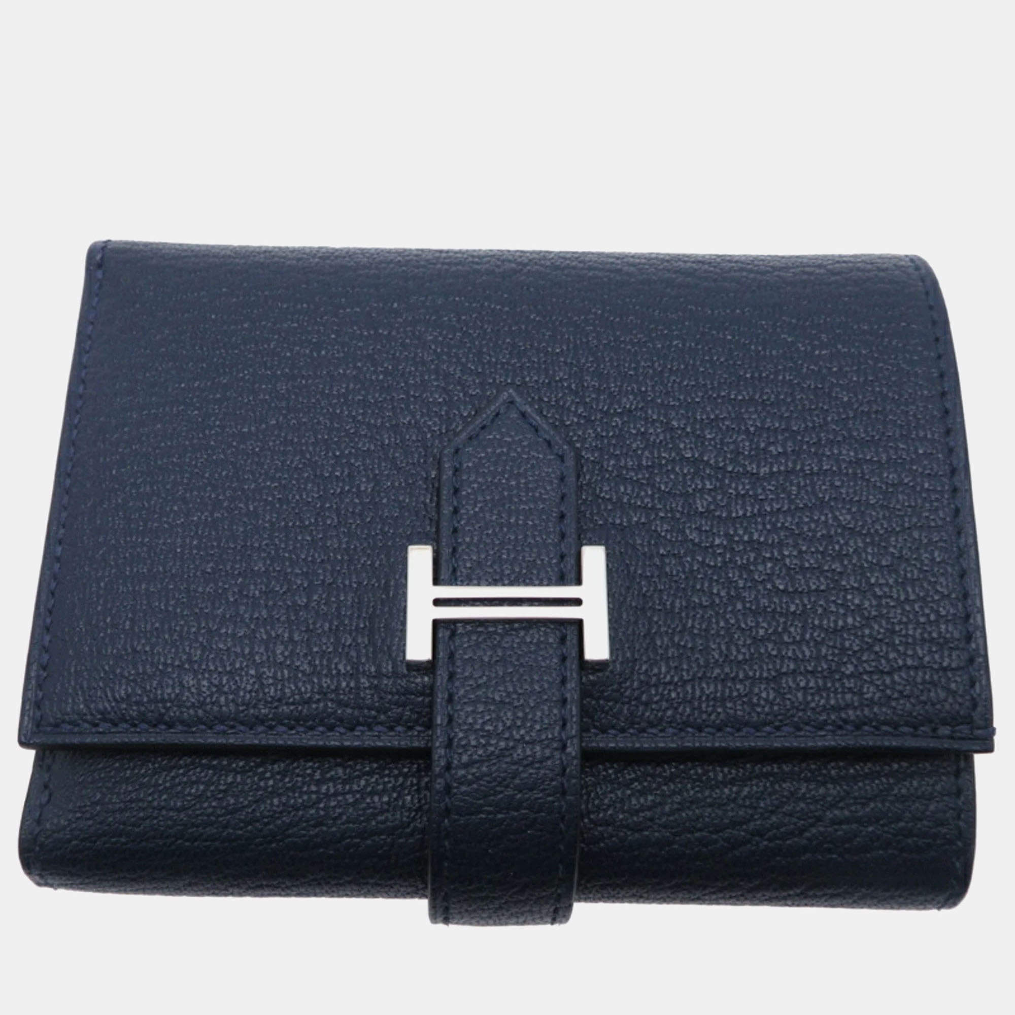 Hermes Navy Chevre Leather Bearn Combination Tri-Fold Wallet
