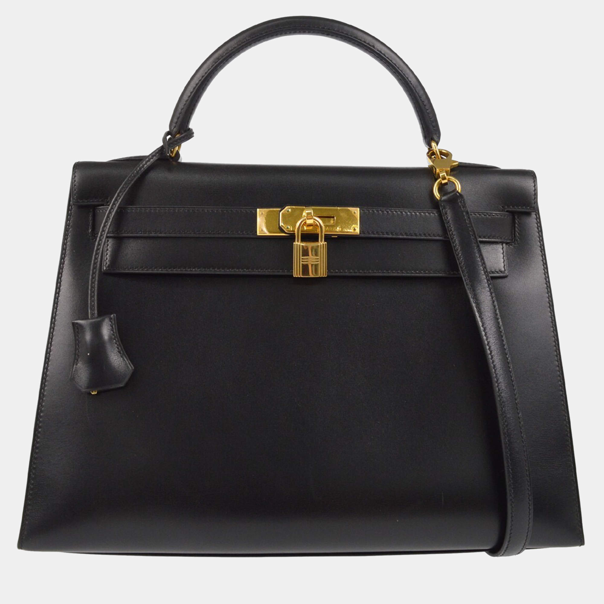 Hermes Black Box Calf Kelly 32 Sellier Handbag
