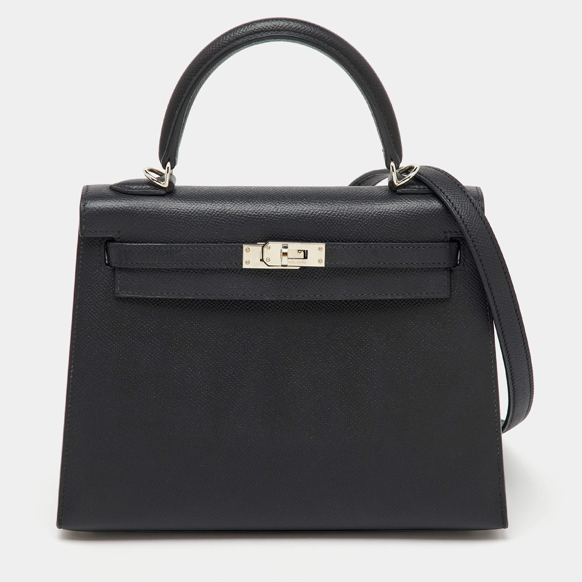Hermes Black Epsom Leather Palladium Finish Kelly Sellier 25 Bag