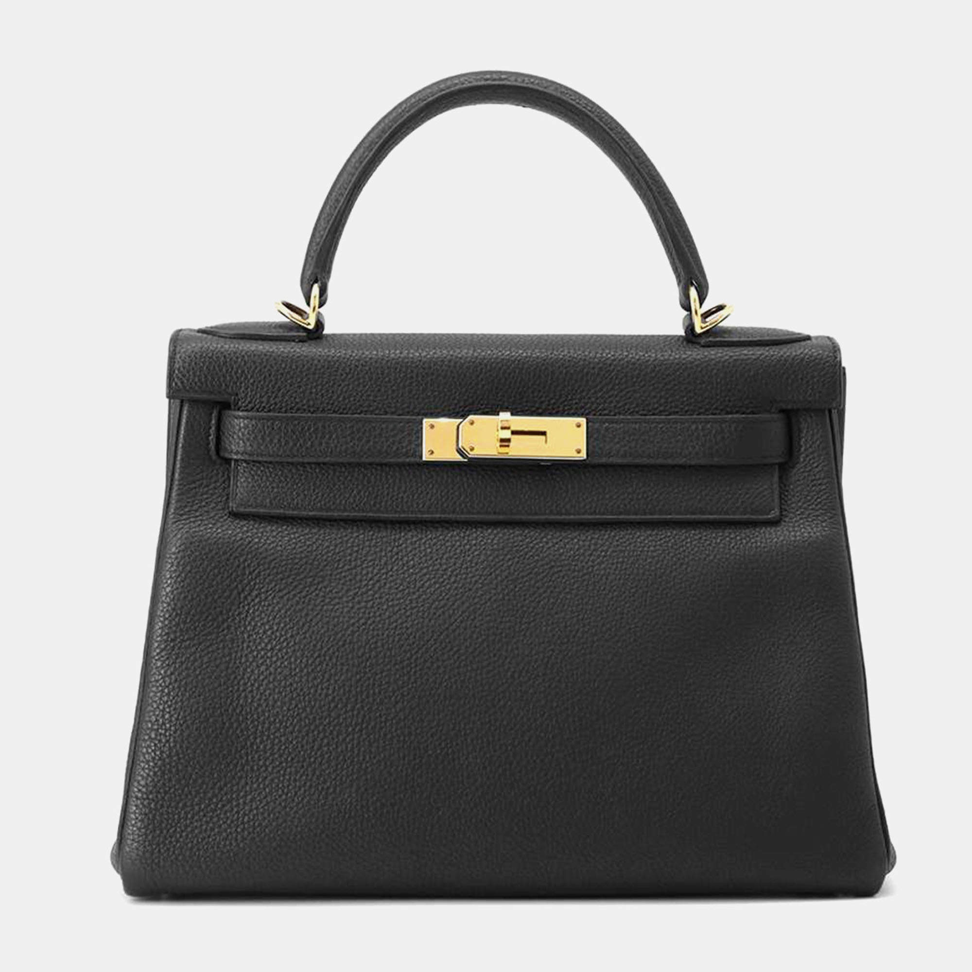 Hermes Black Togo Leather Kelly Retourne 28 Top Handle Bag