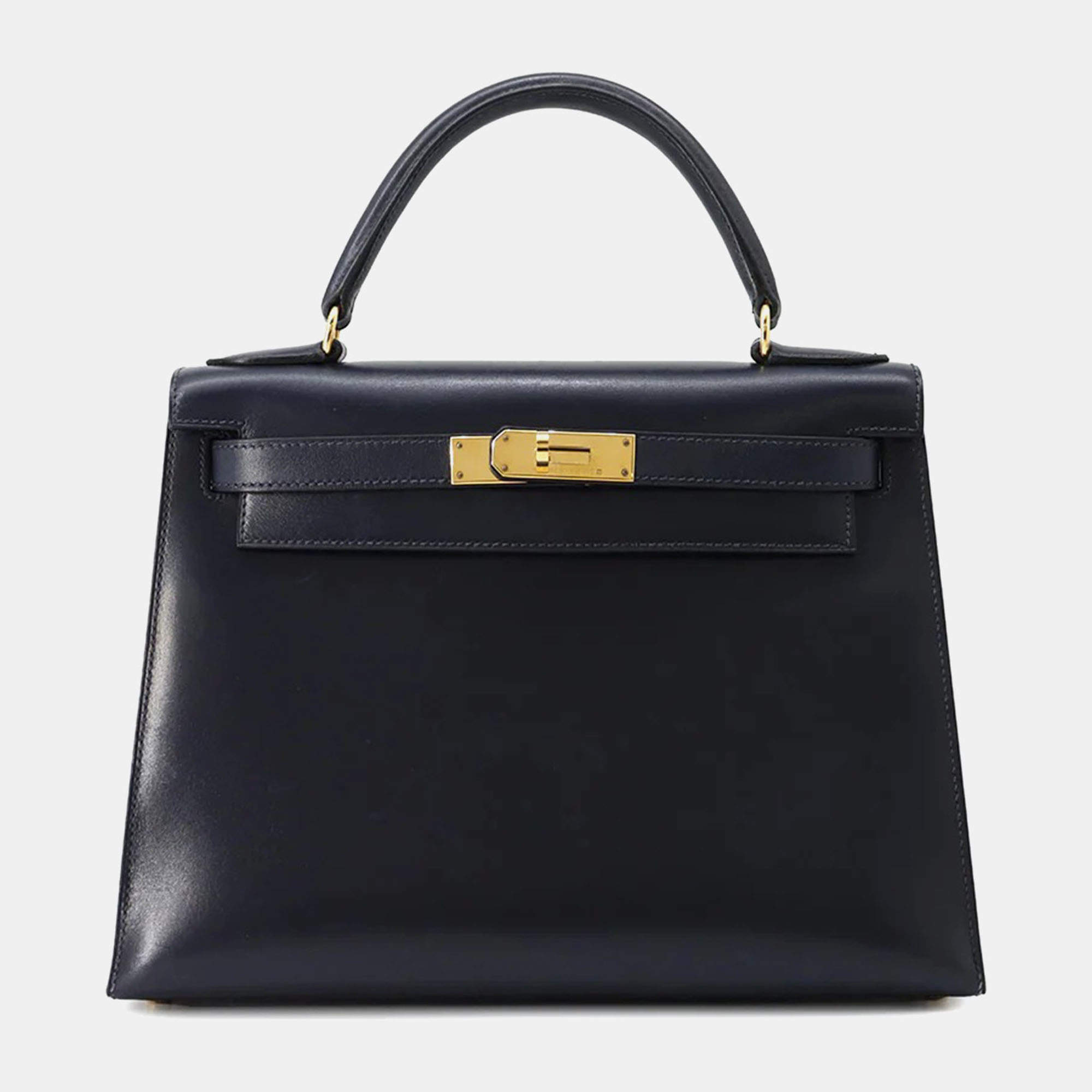 Hermes Blue Indigo Box Calf Leather Kelly Sellier 28 Top Handle Bag