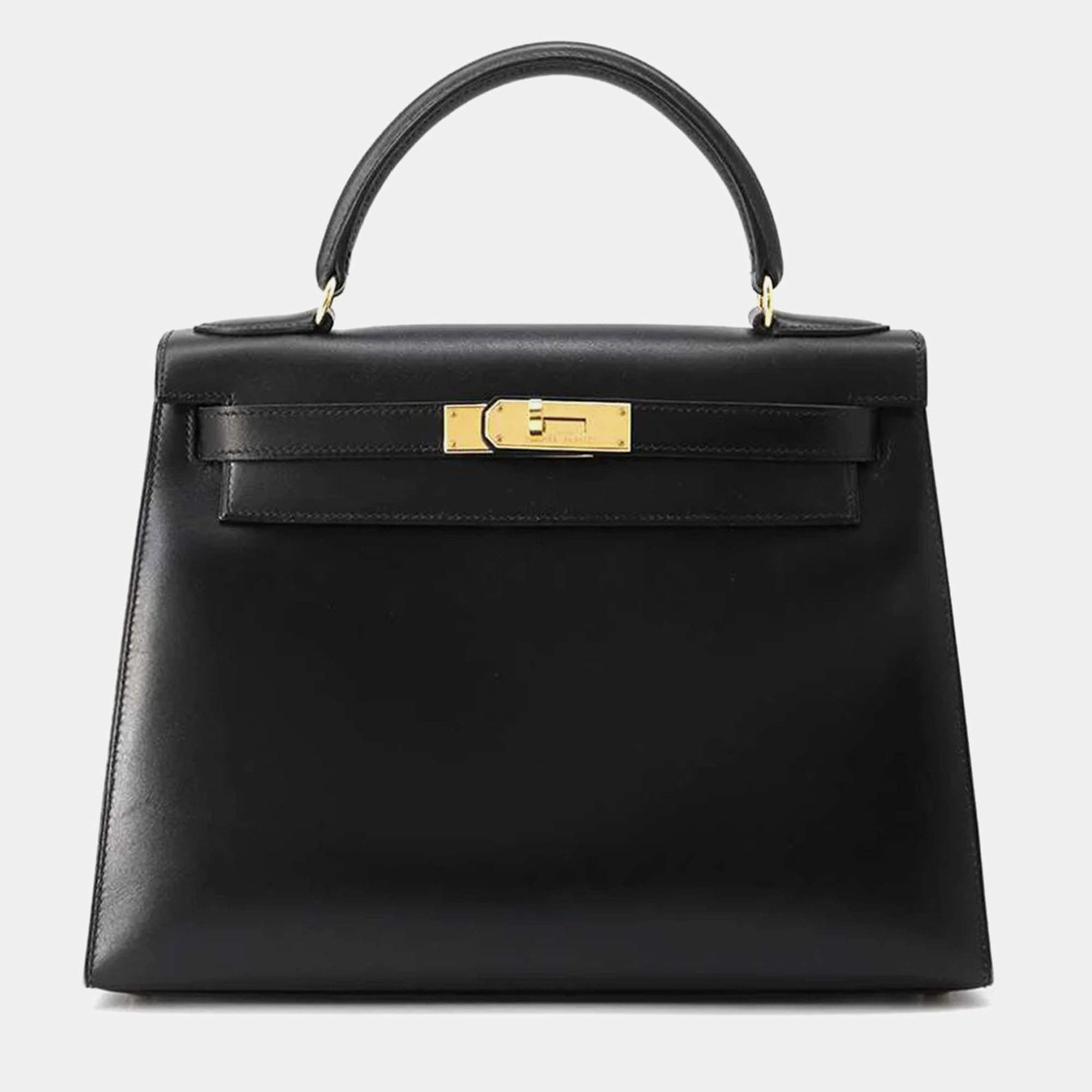Hermes Black Box Calf Leather Kelly Sellier 28 Top Handle Bag