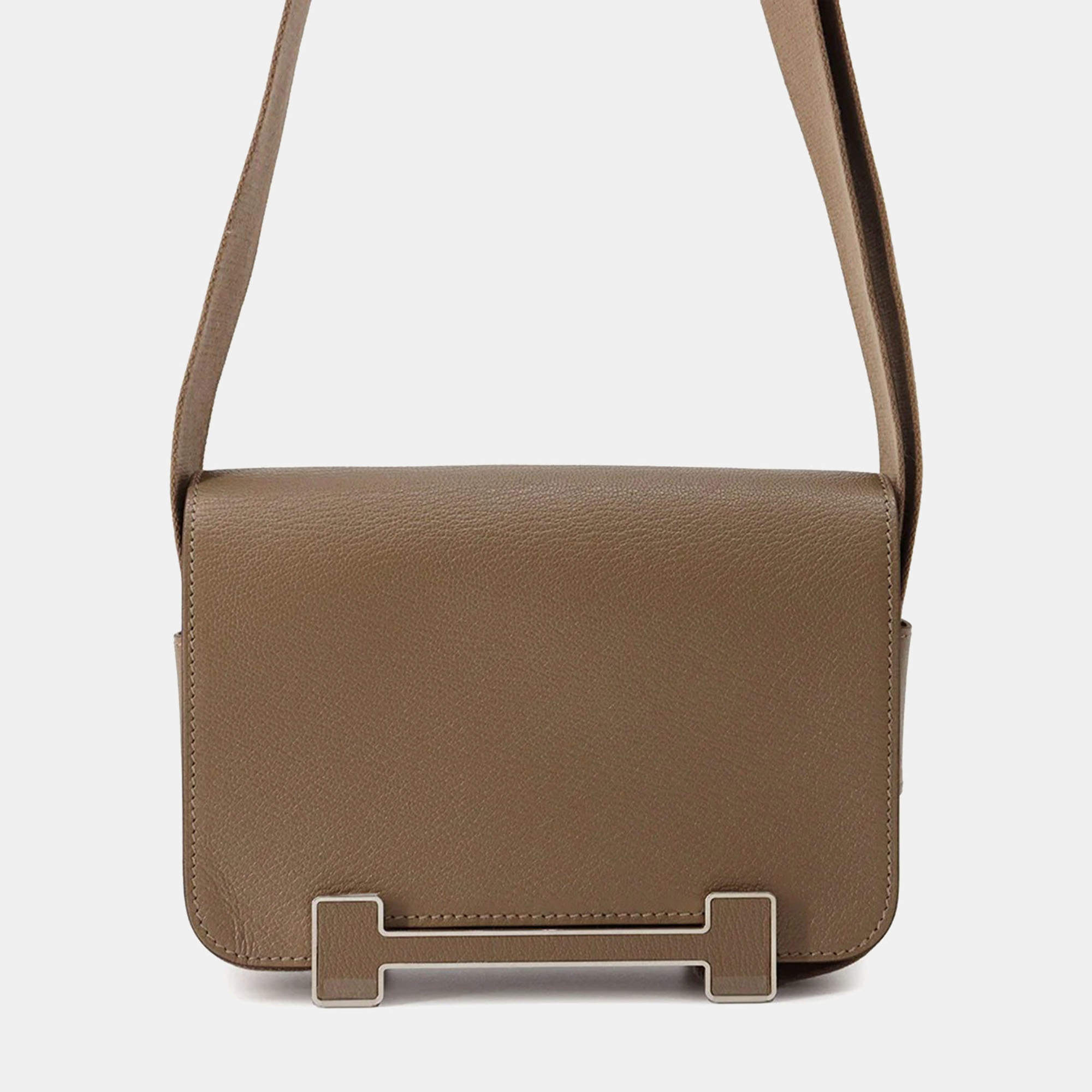 Hermes Etoupe Chevre Mysore Leather Geta Shoulder Bag