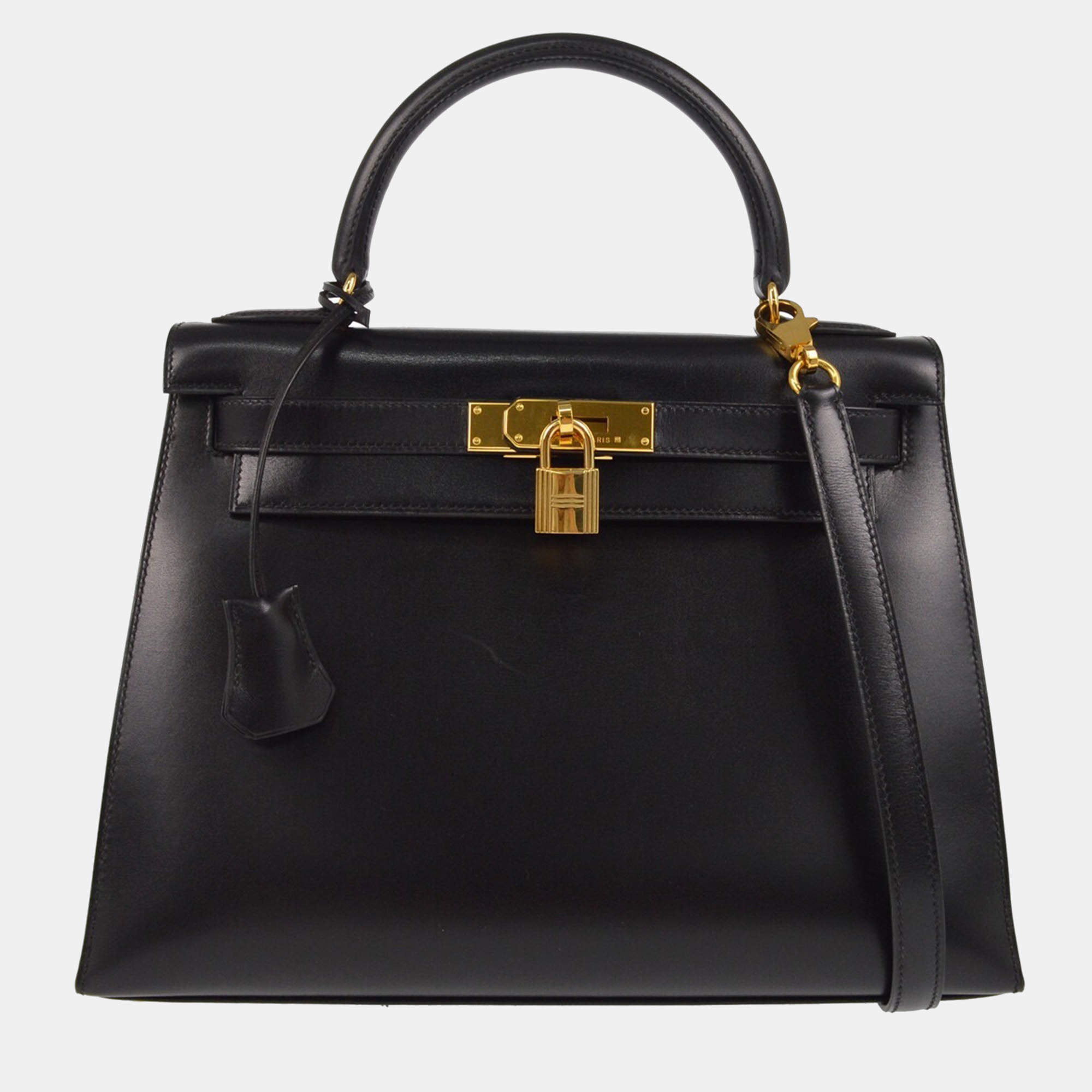 Hermes Black Box Calf Kelly 28 Sellier Handbag