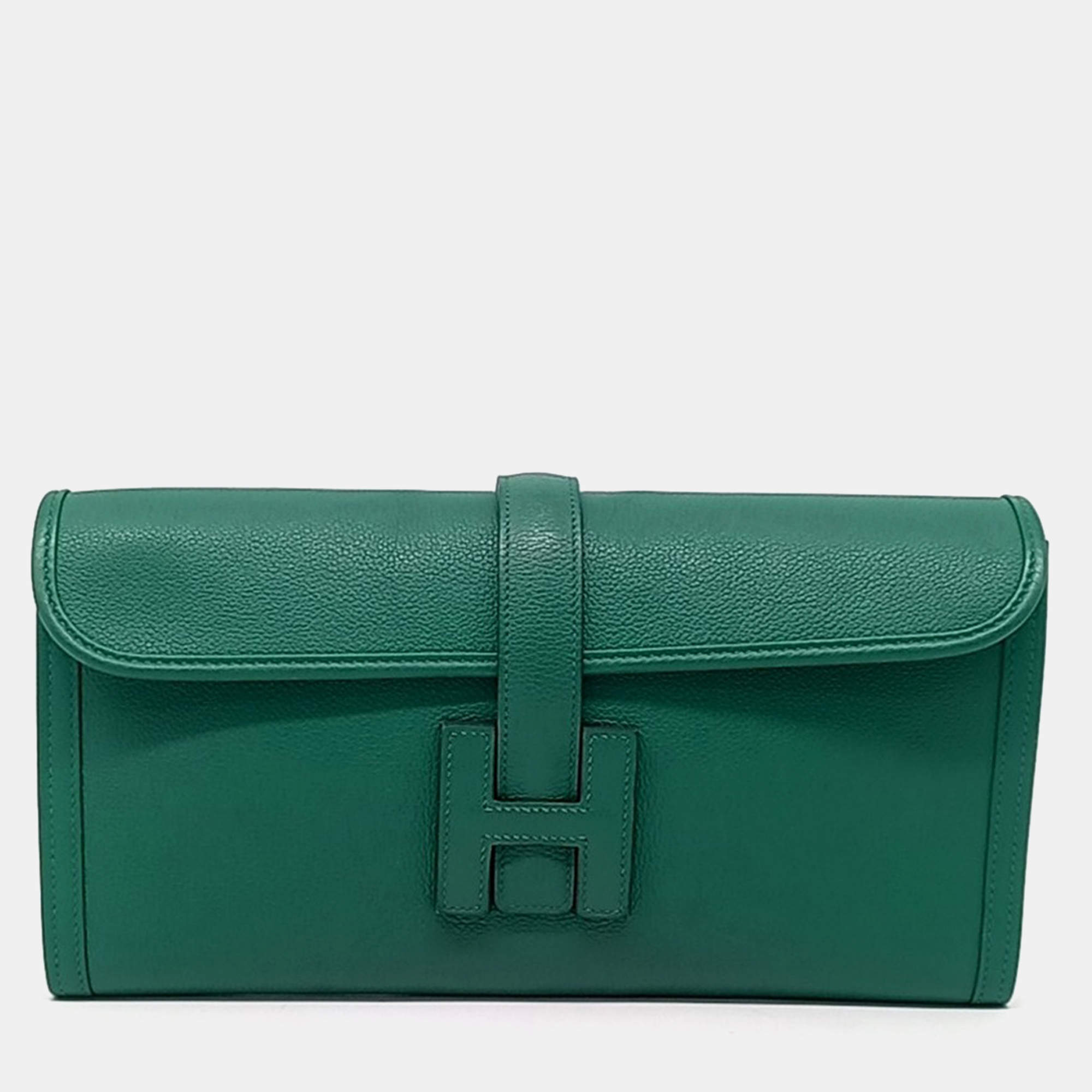 Hermes Green Leather Jige Clutch