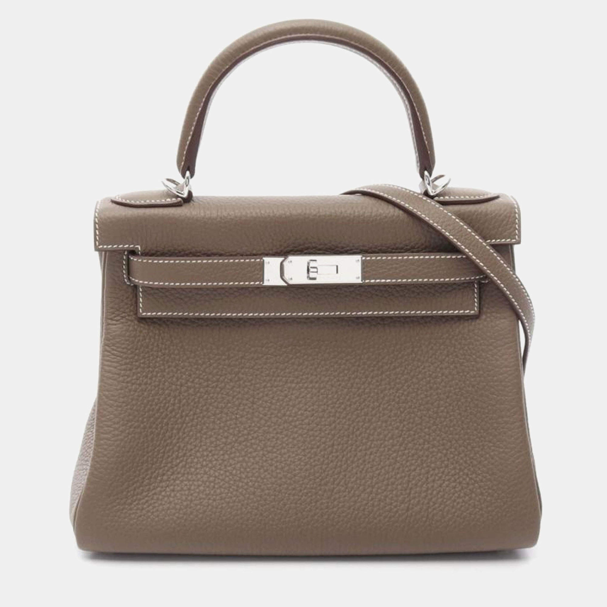Hermes Etoupe Taurillon Clemence Leather Kelly 28 Handbag