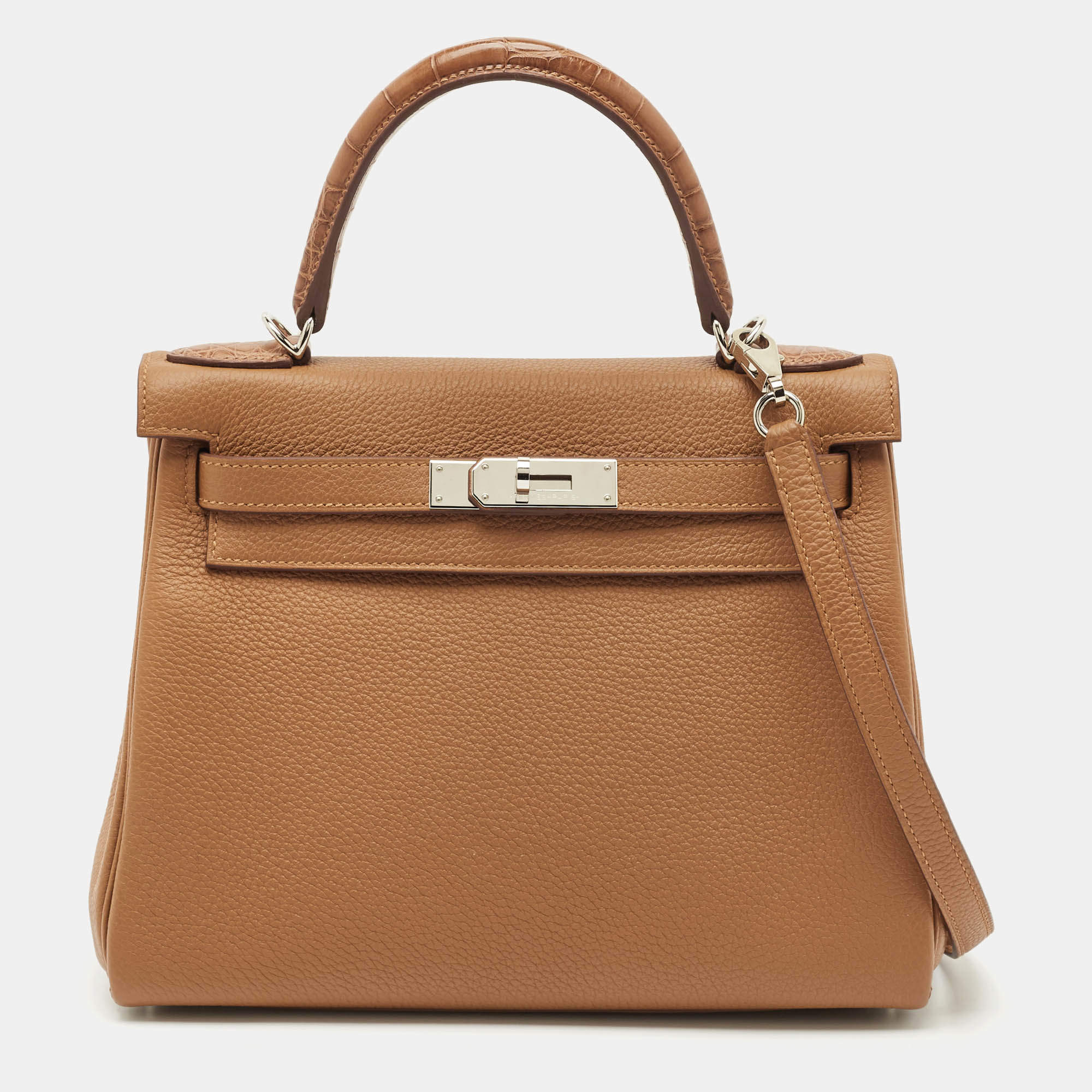 Hermès Gold Matte Alligator and Togo Leather Palladium Finish Kelly Retourne Touch 28 Bag