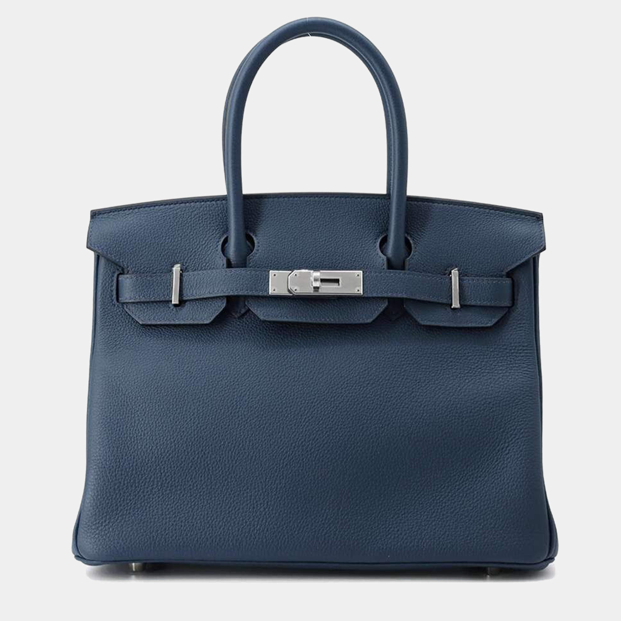 Pre Owned Hermes Birkin 30 Blue De Prusse Togo Leather Top Handle Bag