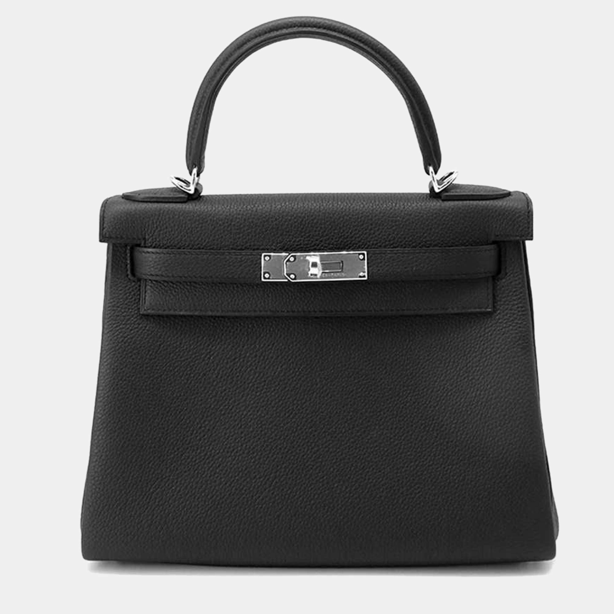 Hermes Kelly Retourne 28 Black Togo Leather Top Handle Bag