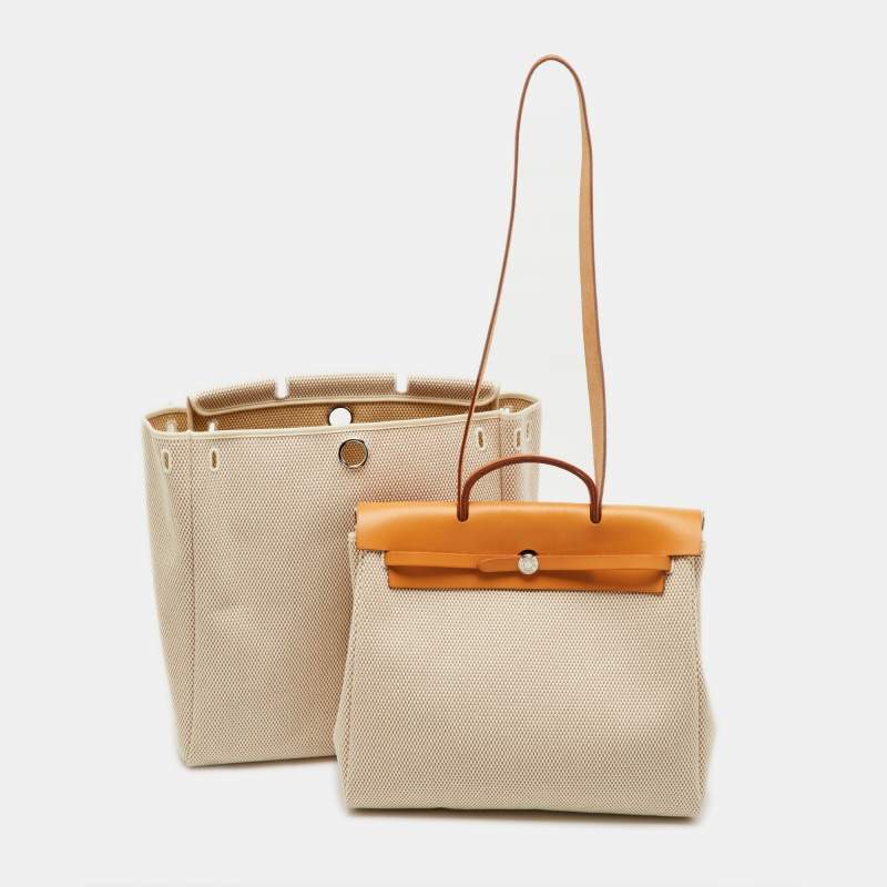 Pre Owned Hermes Ecru/Natural Toile and Vache Hunter 2-in-1 Herbag 39 Bag