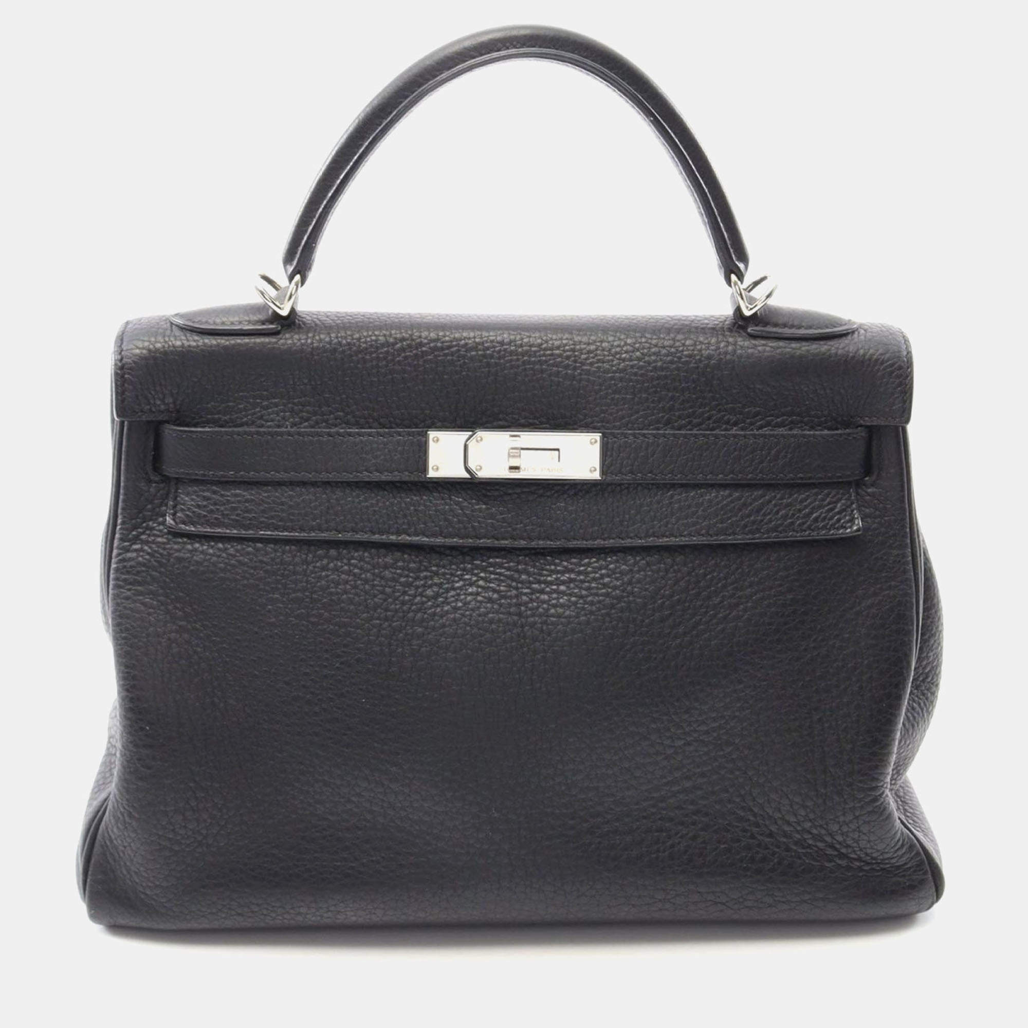 Hermes Kelly 32 Black Taurillon Clemence Shoulder Bag