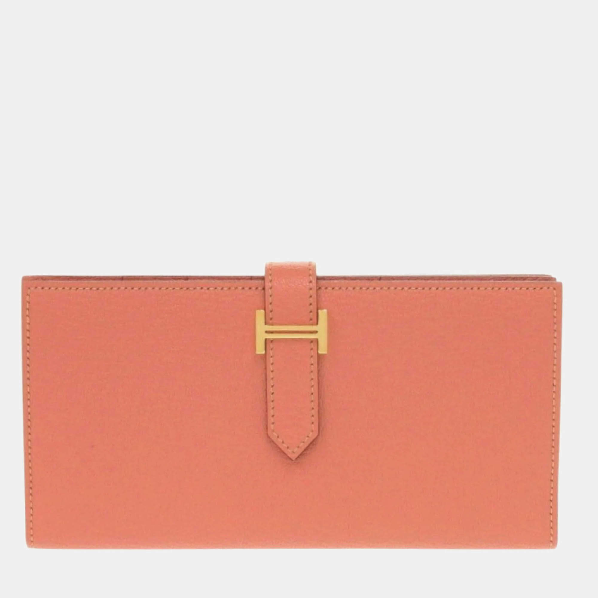 Hermes Bearn Soufflet Taurillon Clemence Rose Tea Pink Long Wallet