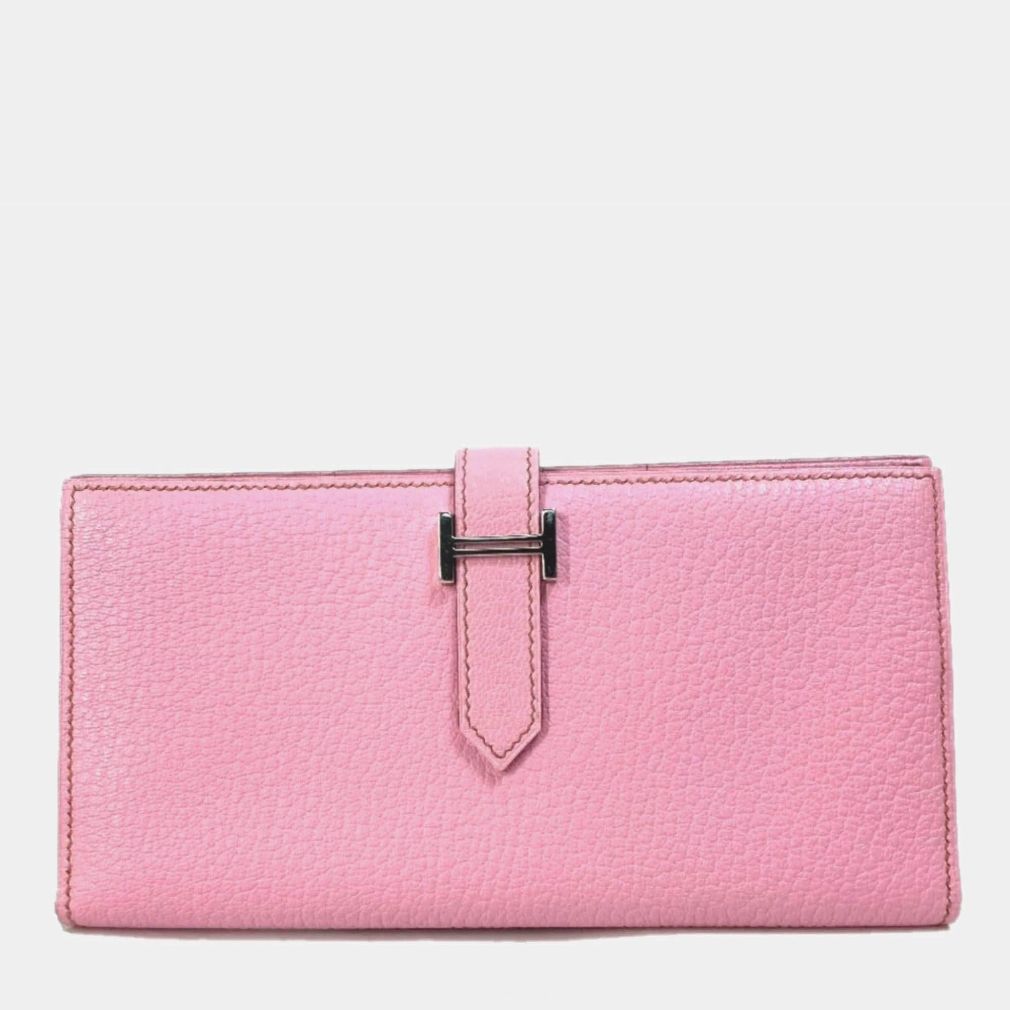 Hermes Long Leather Pink H hardware Two Fold Wallet