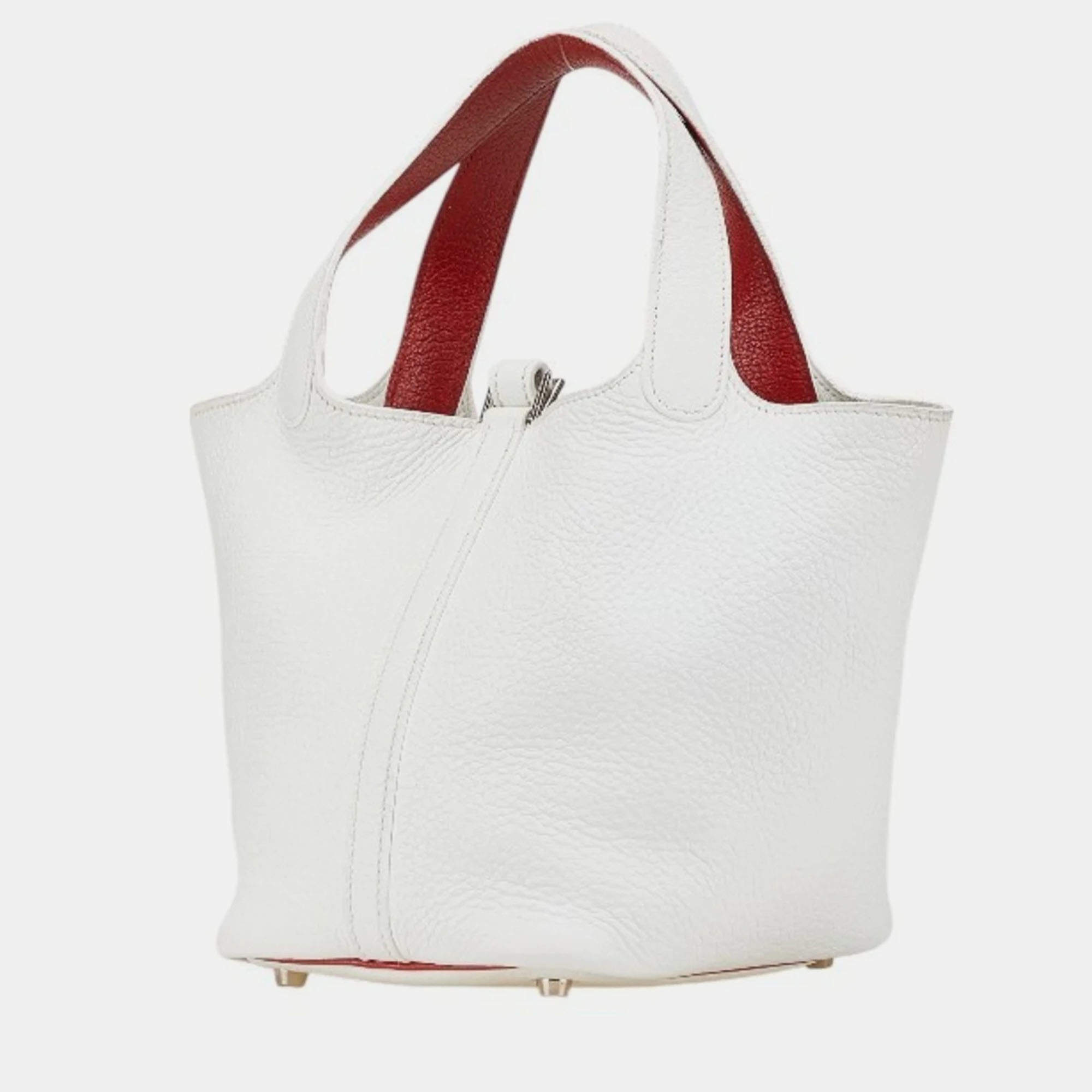 Pre Owned Hermes Picotin Lock 18 White/Red Togo Leather Tote Bag