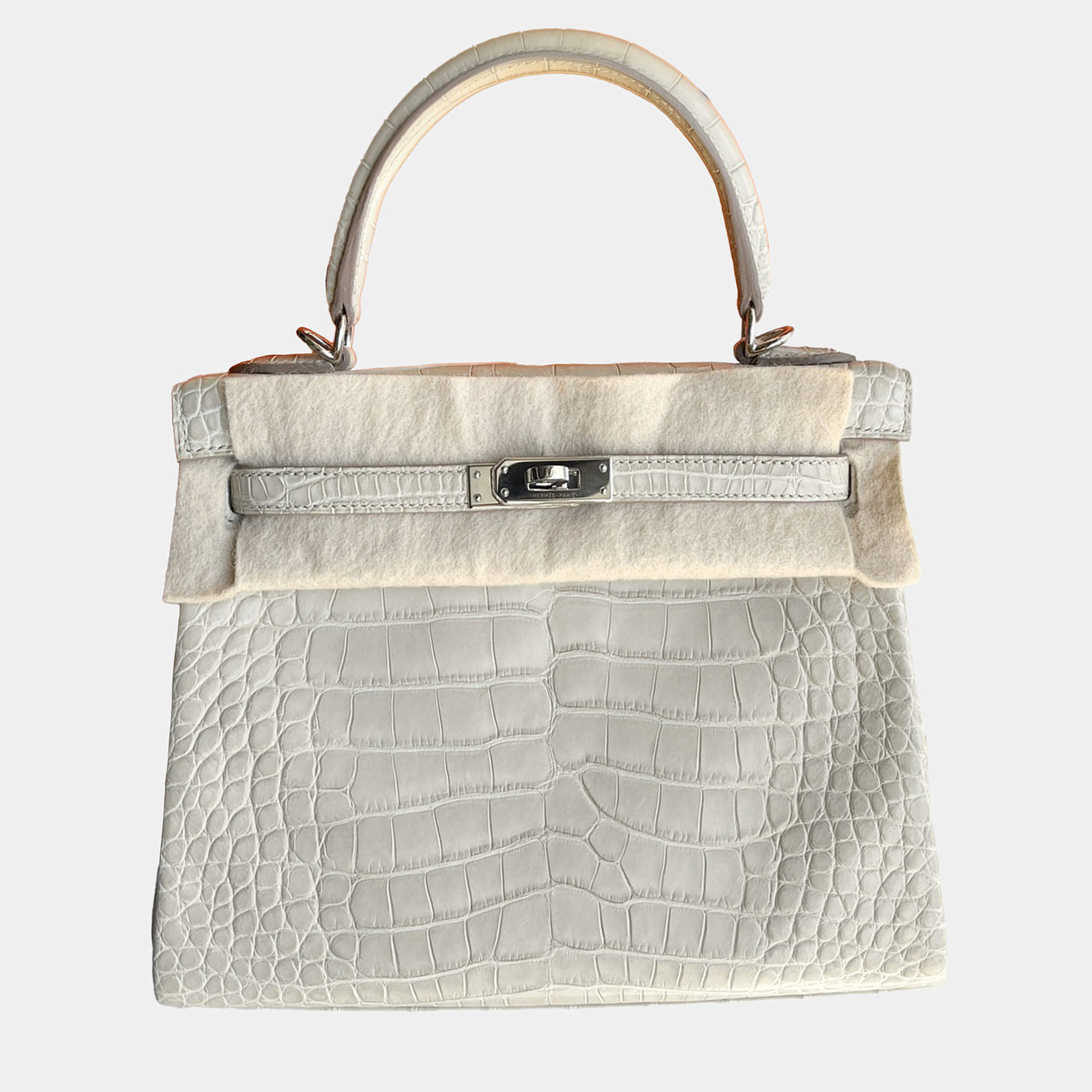 Hermes Kelly 25 Glacier White Matte Crocodile Bag