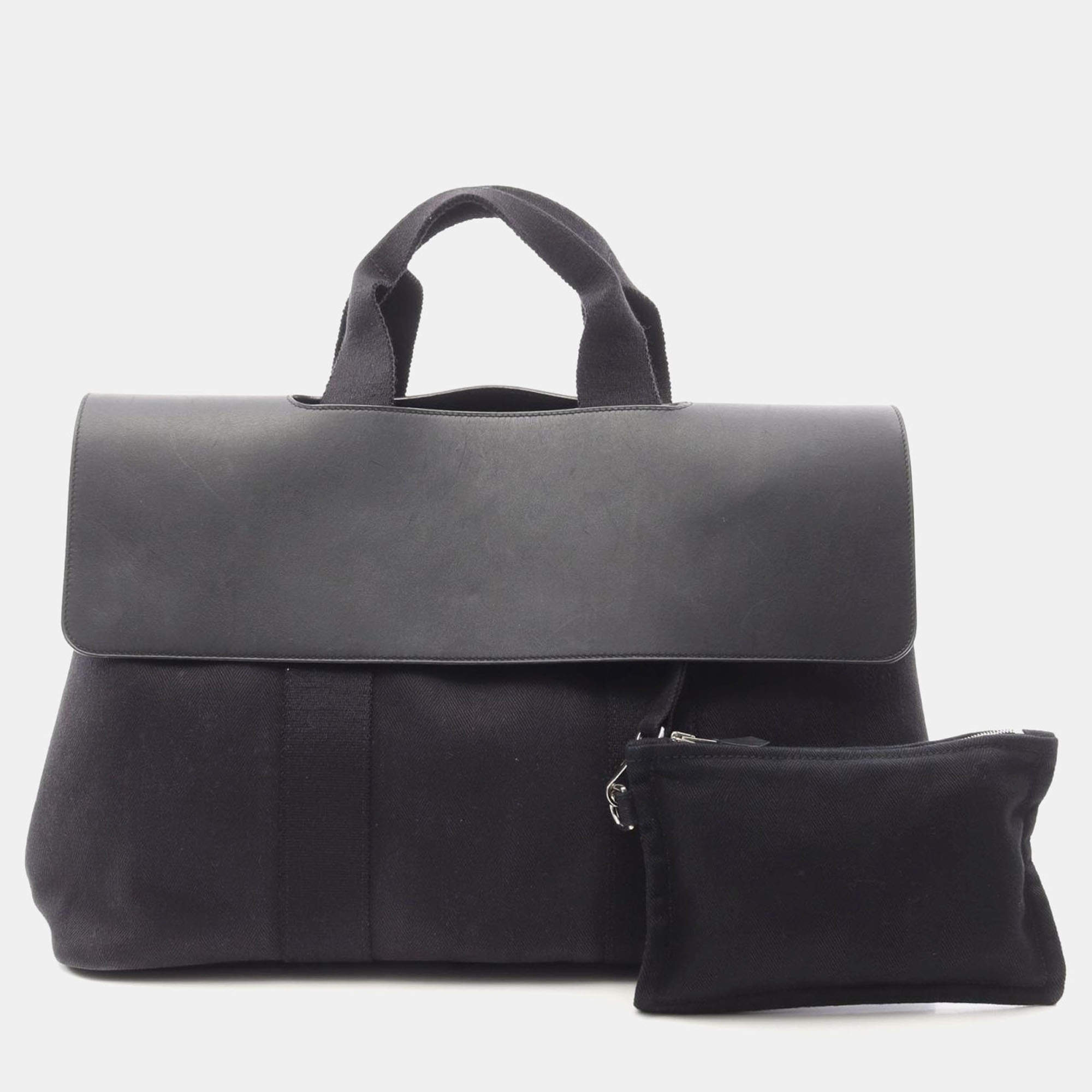 Pre Owned Hermes Valparaiso MM Black Toile Chevron Leather Handbag