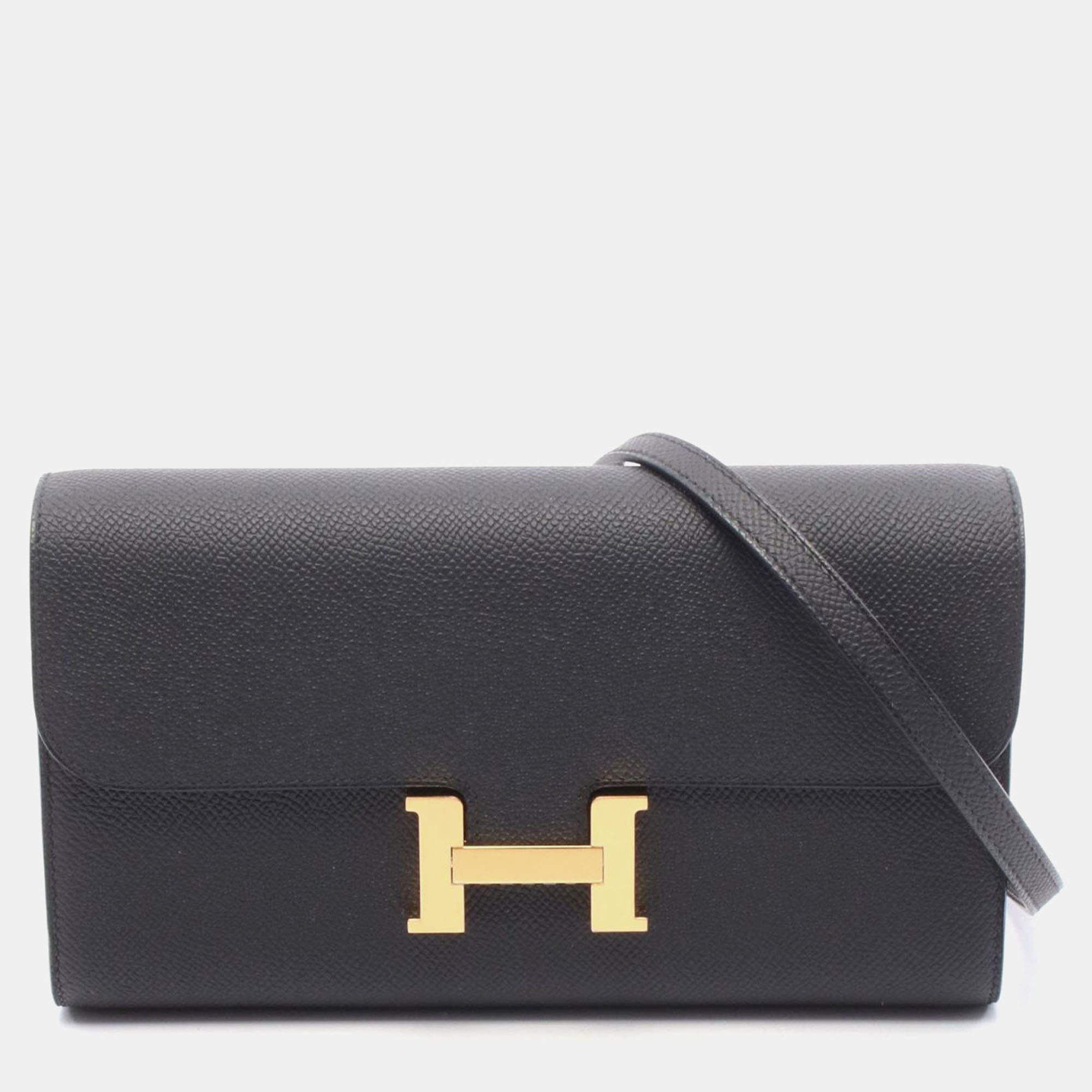 Pre Owned Hermes Constance Long To Go Black Epsom Leather Shoulder Bag