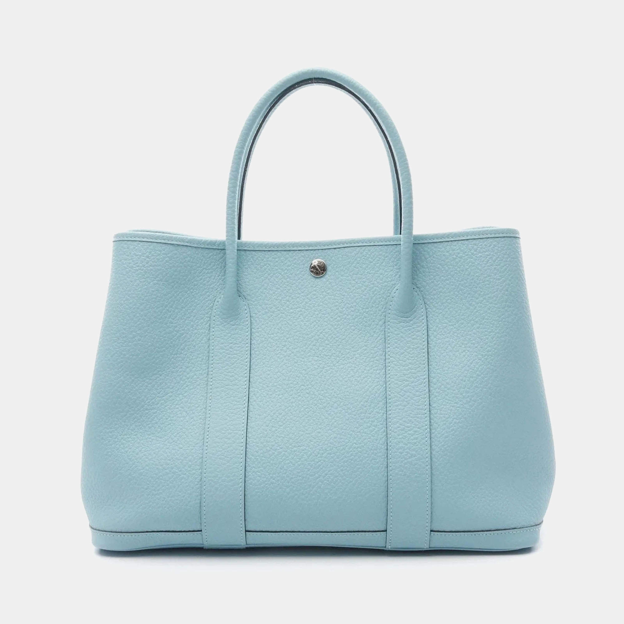 Pre Owned Hermes Garden Party 36 Blue Atoll Country Leather Tote Bag