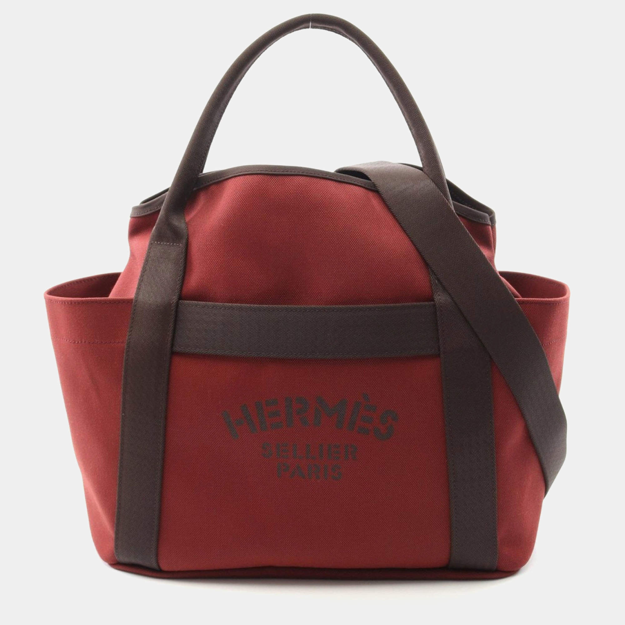 Hermes Sac De Pansage  Rouge H B Toile Chevrons Canvas Shoulder Bag 