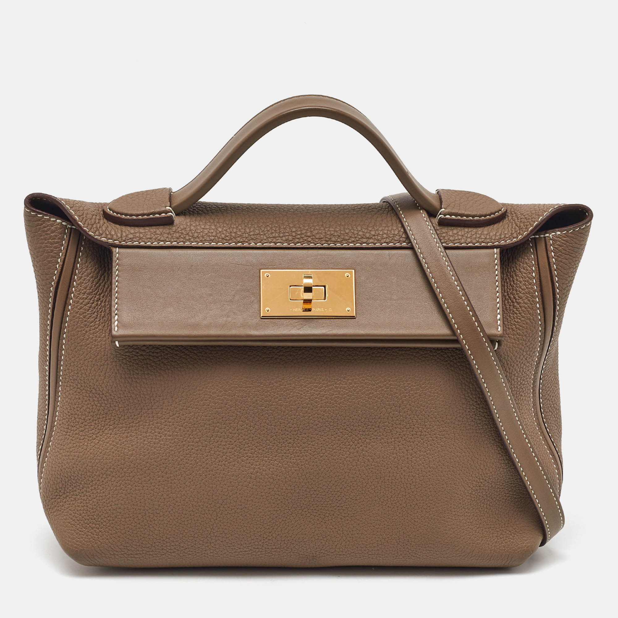 Pre Owned Hermes Etoupe Togo and Swift Leather Gold Finish 24/24 29 Bag