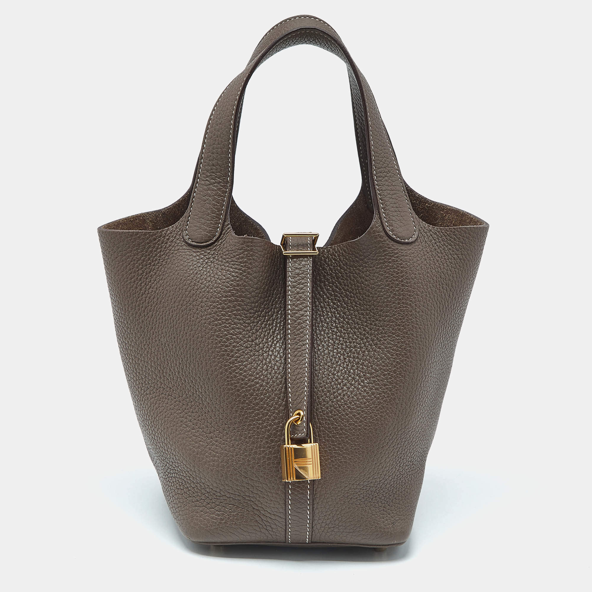 Pre Owned Hermes Taupe Grey Taurillon Clemence Leather Picotin Lock 18 Bag