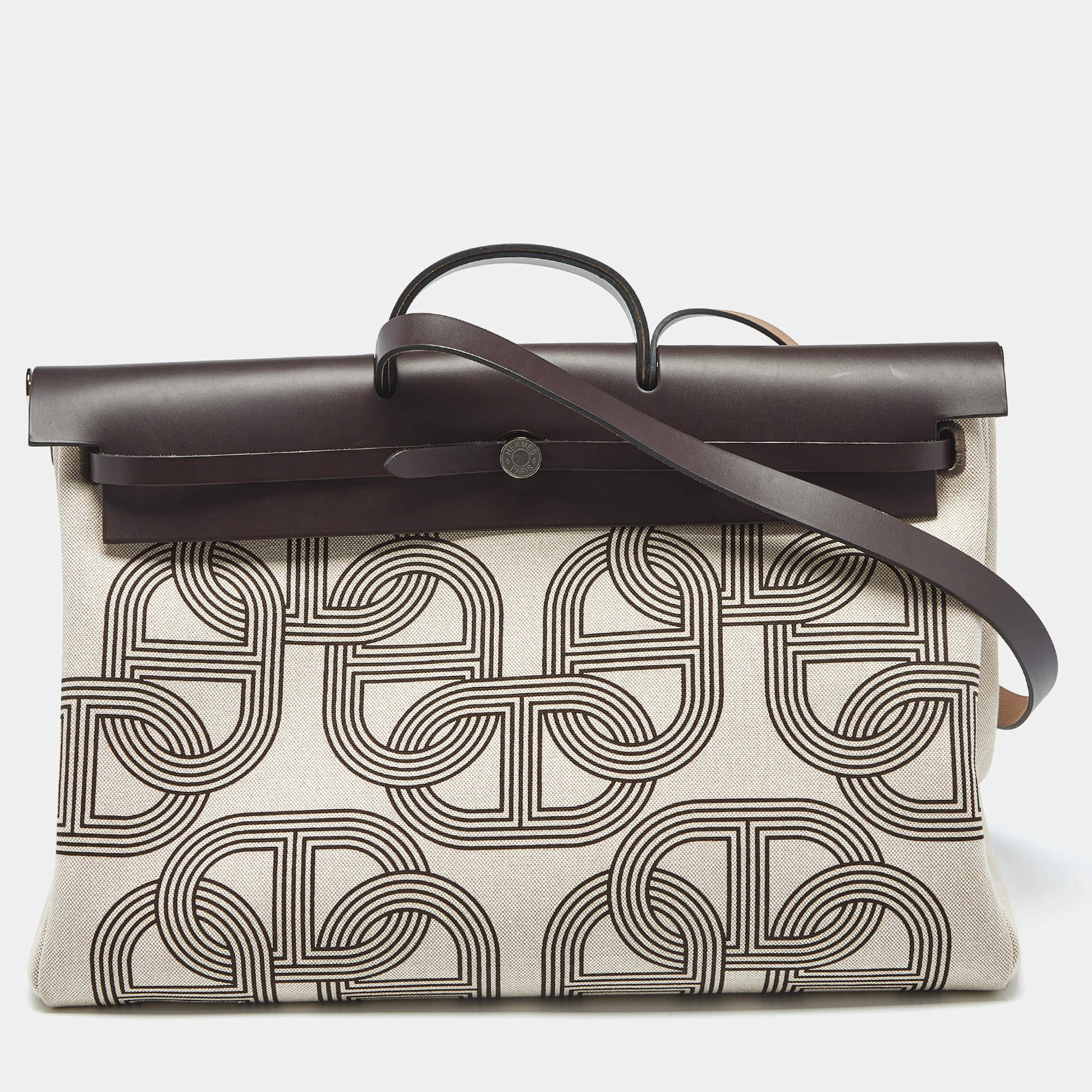 Pre Owned Hermes Ebene/Ecru H Plume Canvas and Hunter Leather Circuit 24 Herbag Zip Cabine 50 Bag