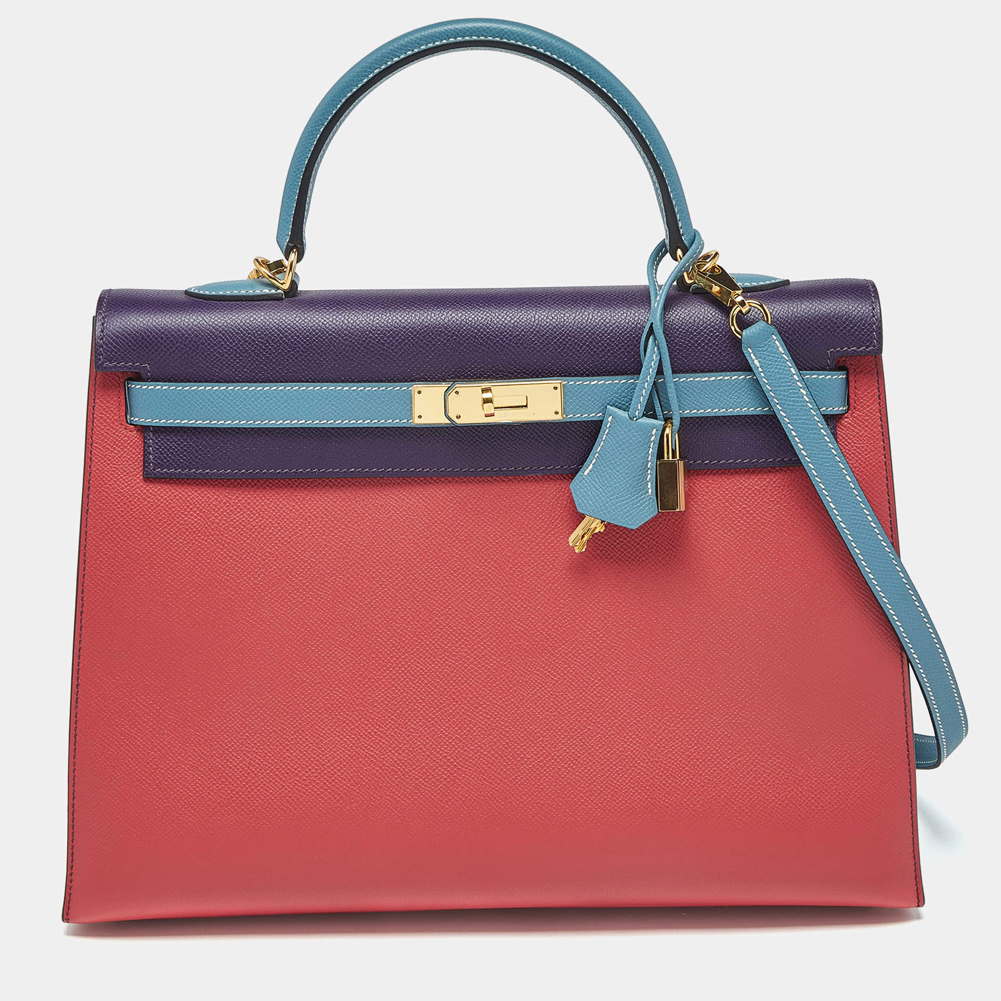 Pre Owned Hermes Bleu Jean/Anemone/Rose Tyrien Epsom Leather Gold Finish Kelly Sellier 35 Bag