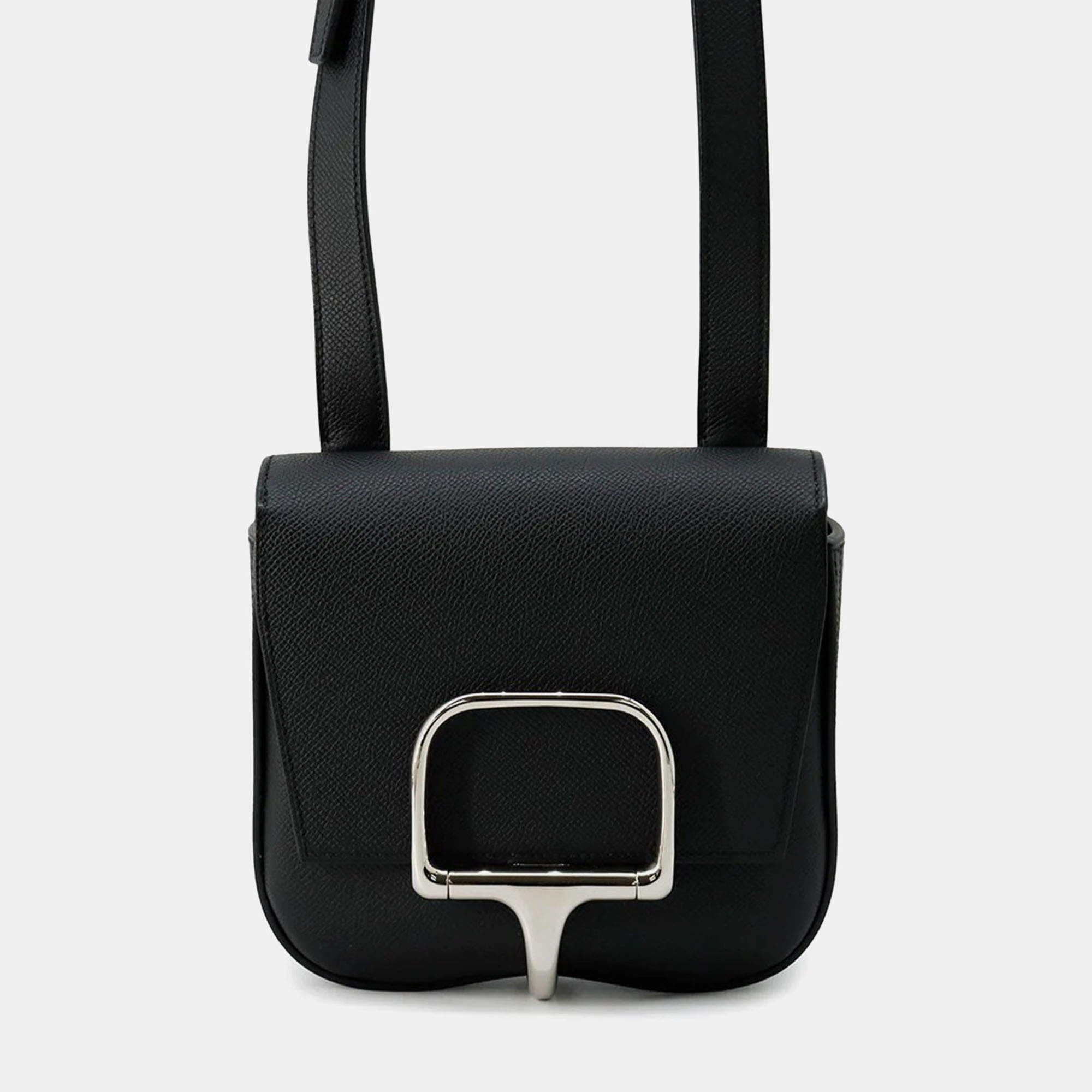 Pre Owned Hermes Della Cavalleria Mini Black Epsom Leather Shoulder Bag