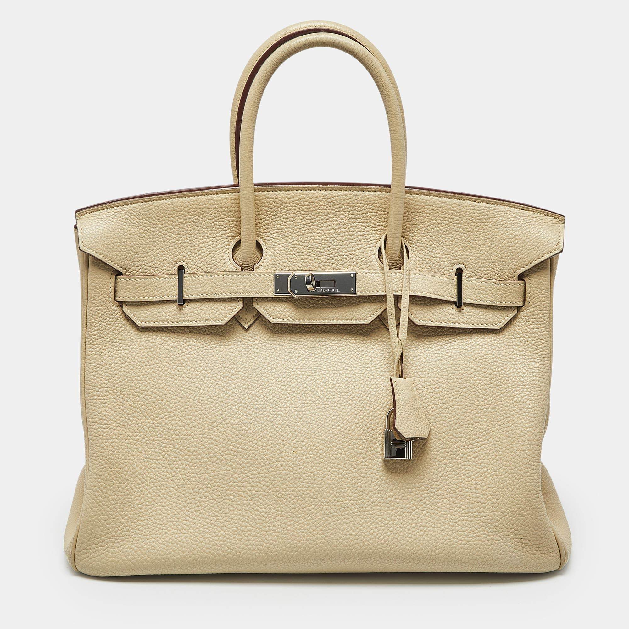 Pre Owned Hermes Parchemin Togo Leather Palladium Finish Birkin 35 Bag