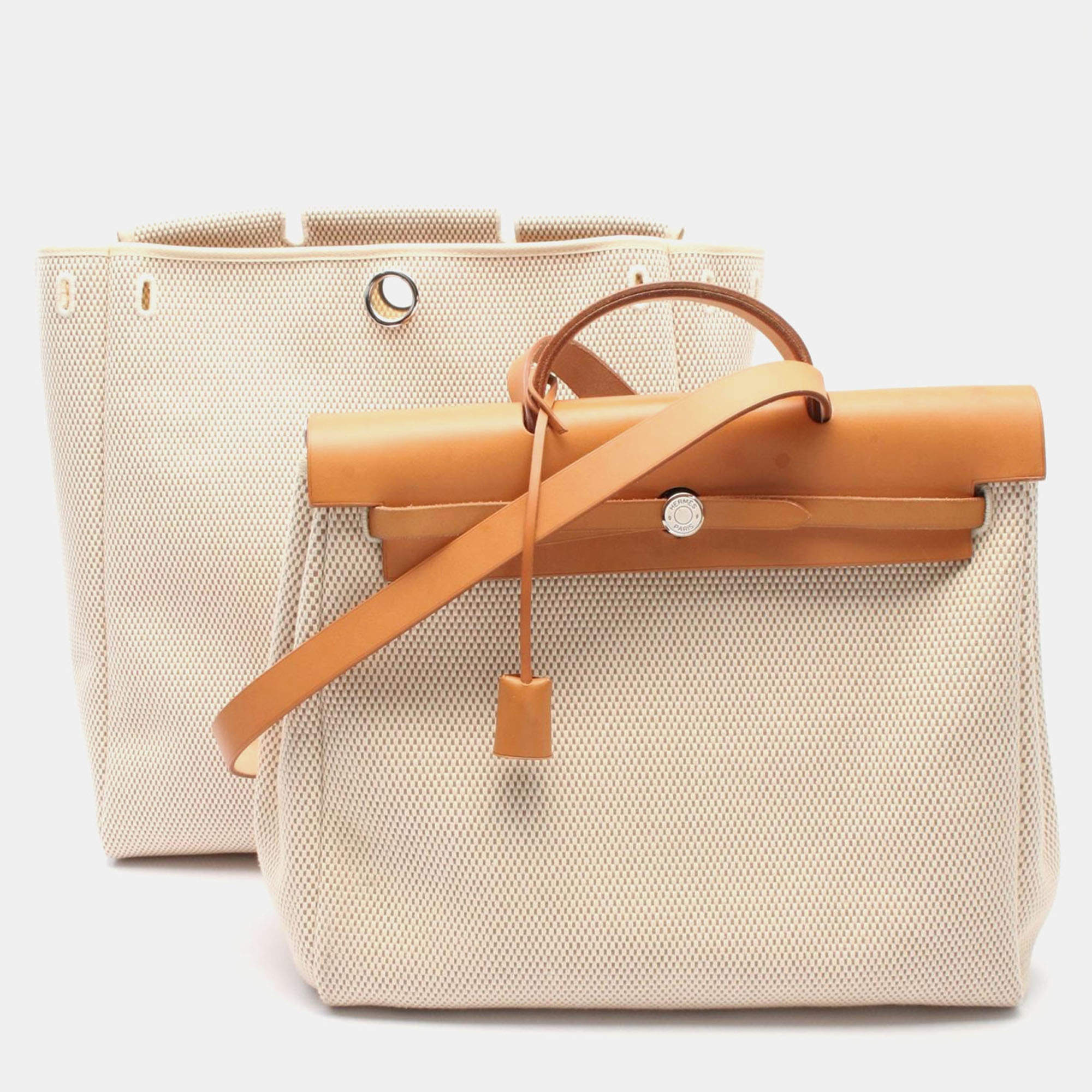 Pre Owned Hermes Herbag MM Toile Hunter Natural Black Leather Bag