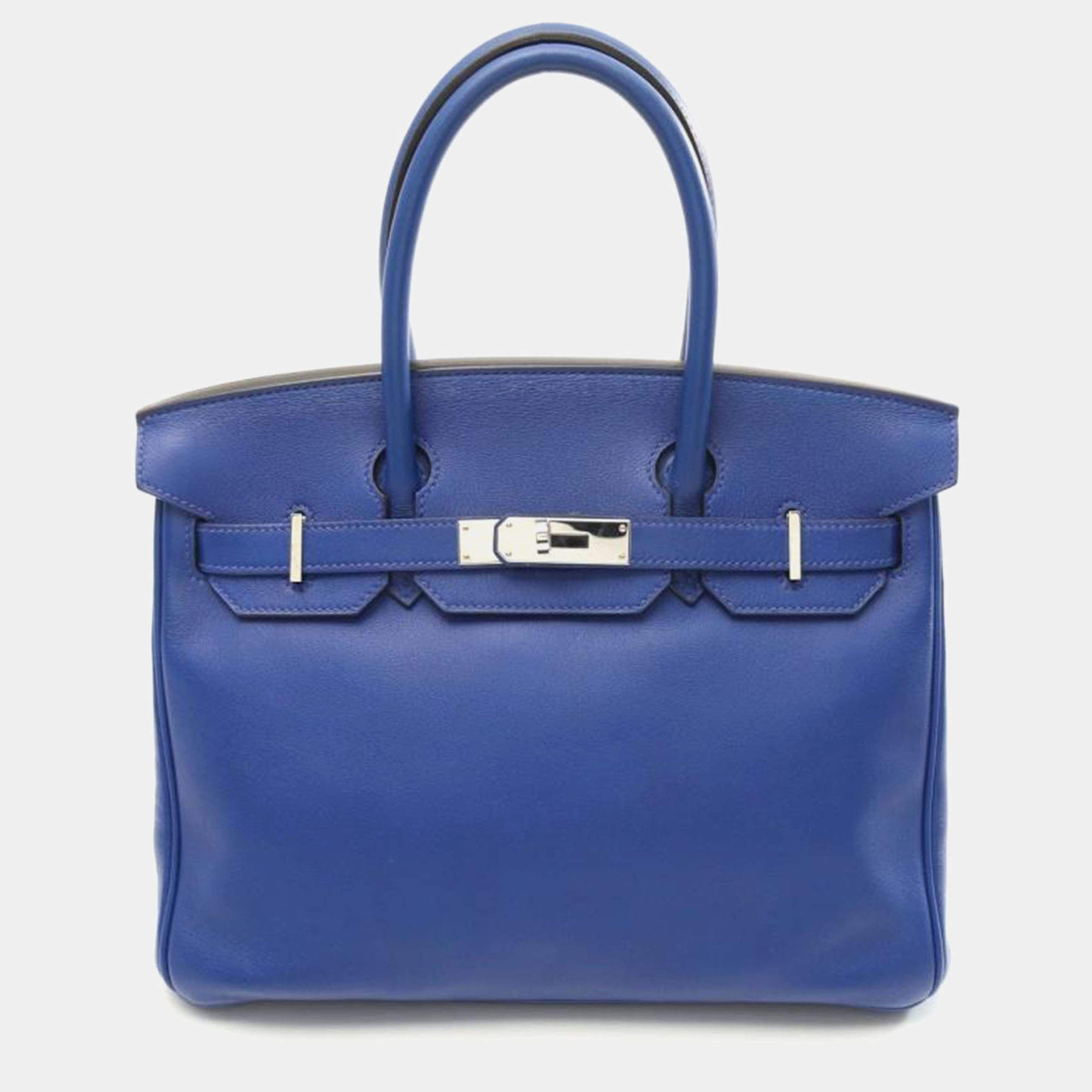 Pre Owned Hermes Birkin 30 Blue Electric Leather Handbag