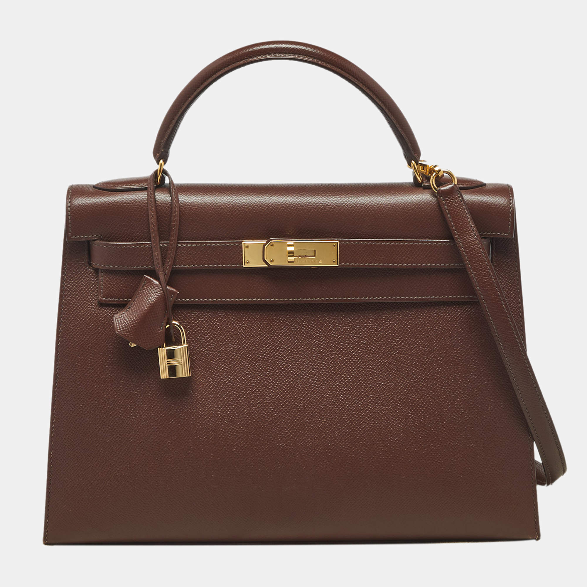 Pre Owned Hermes Chocolat Courchevel Leather Gold Finish Kelly Sellier 32 Bag