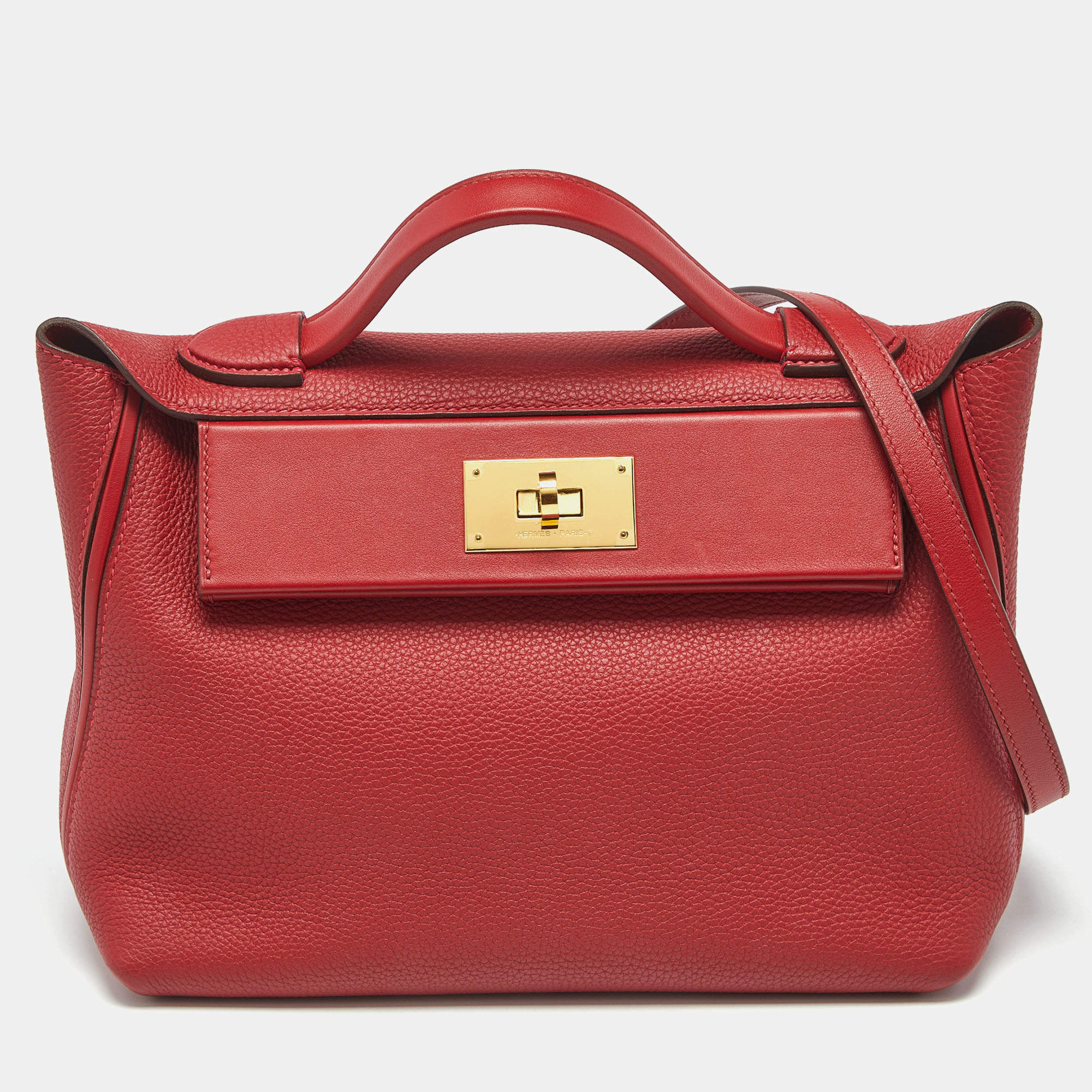 Pre Owned Hermes Rouge Piment/Rouge Vif Togo and Swift Leather Gold Finish 24/24 29 Bag