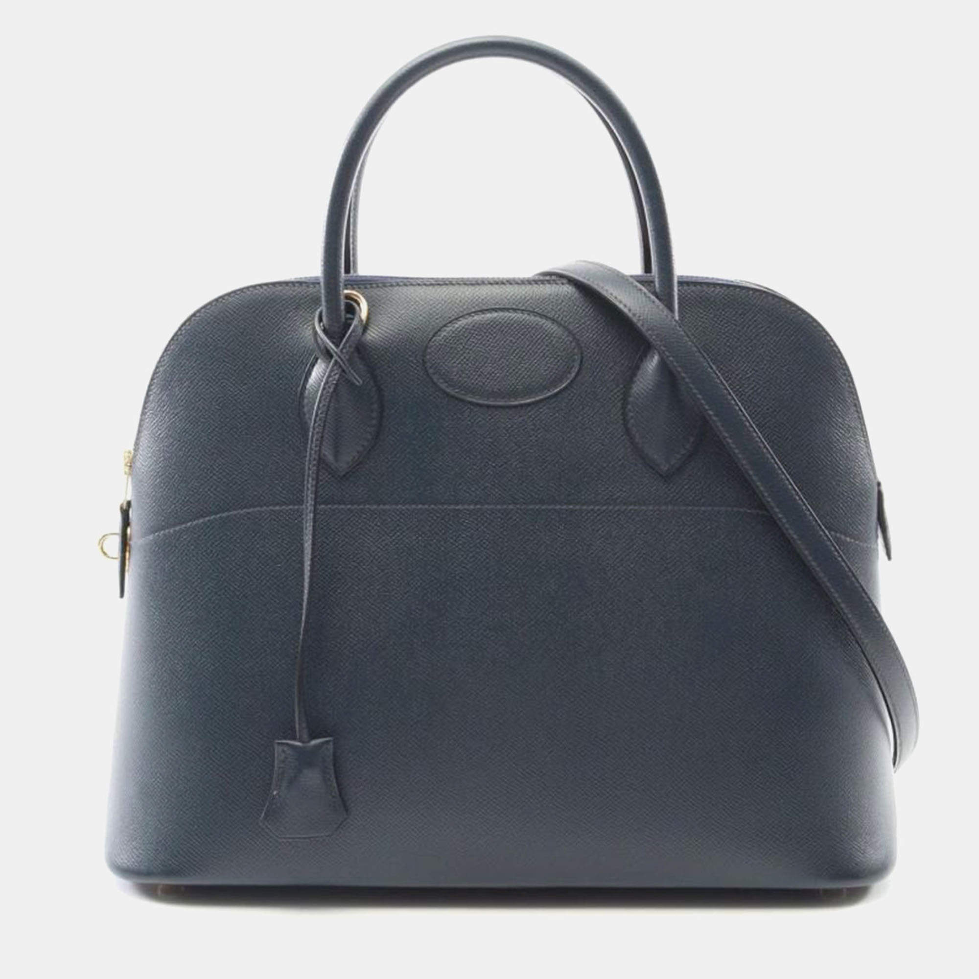 Pre Owned Hermes Bolide 35 Blue Indigo Courchevel Leather Top Handle Bag