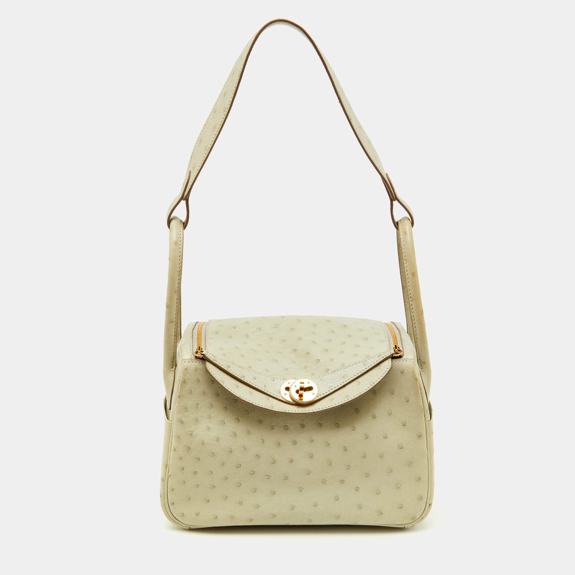 Pre Owned Hermès Gris Perle Ostrich Gold Finish Lindy 26 Bag