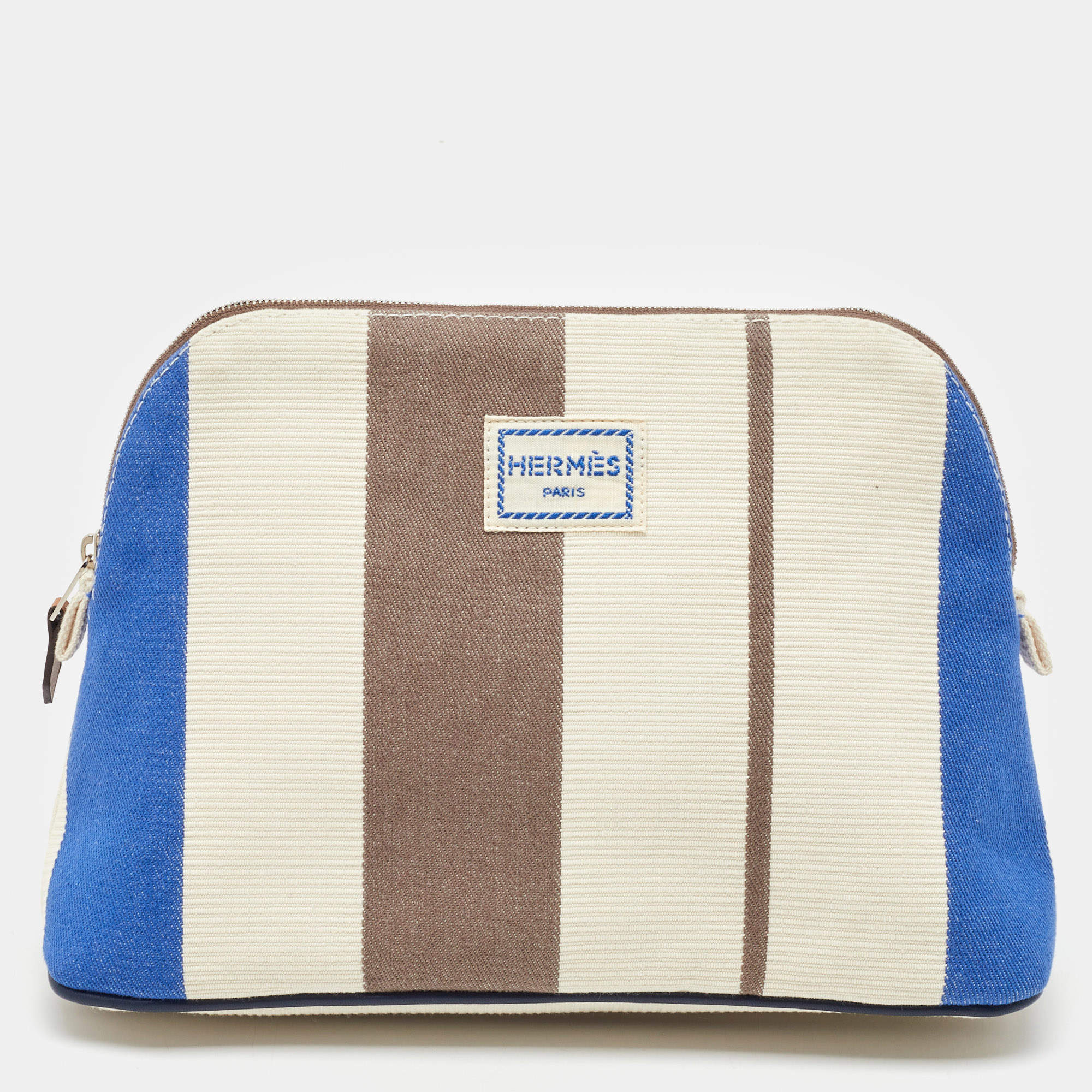 Pre Owned Hermes Rayures Rocabar Stripe Canvas Bolide Medium Travel Pouch Bag