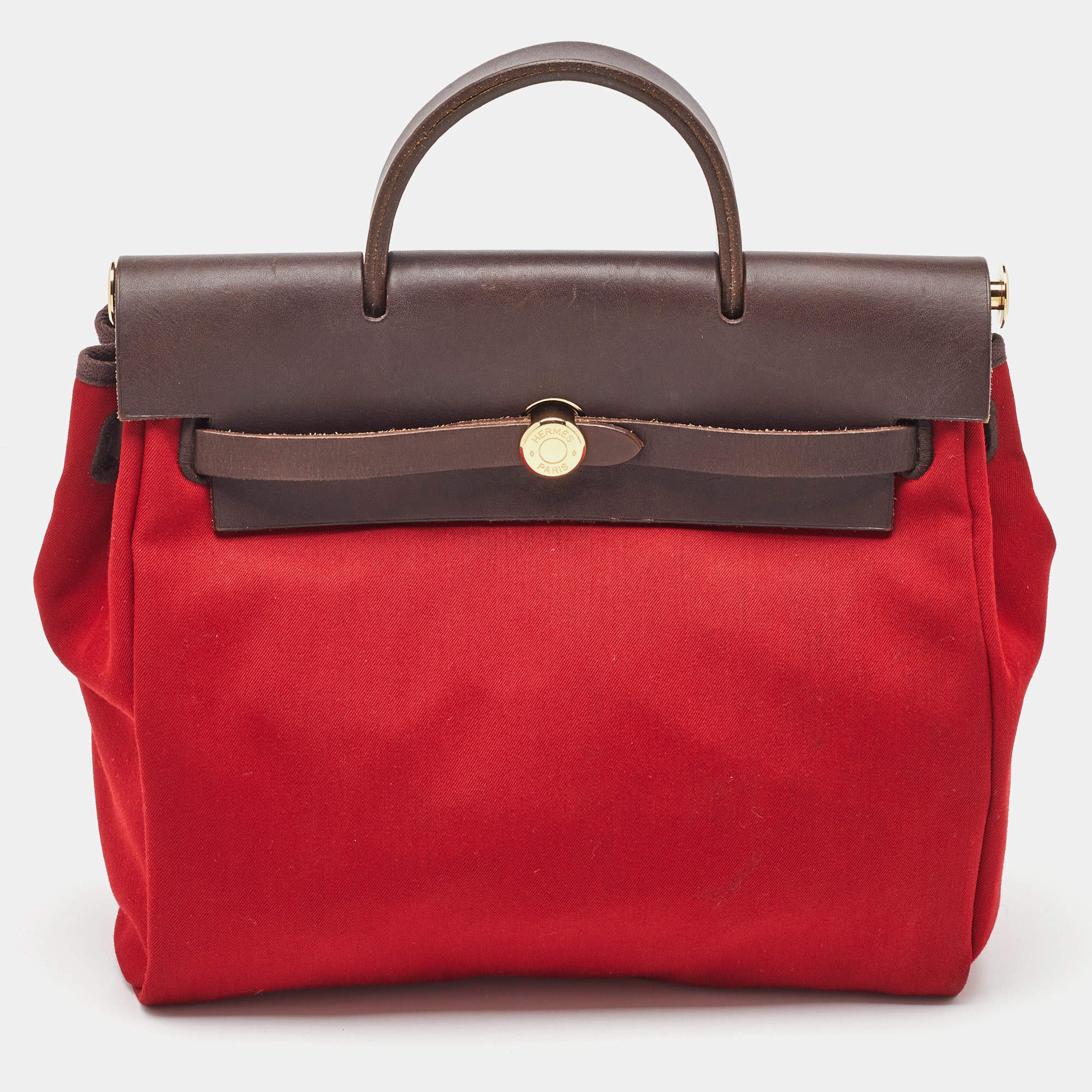 Pre Owned Hermes Brick Red/Moka Toile Canvas and Vache Hunter Herbag 31 Bag