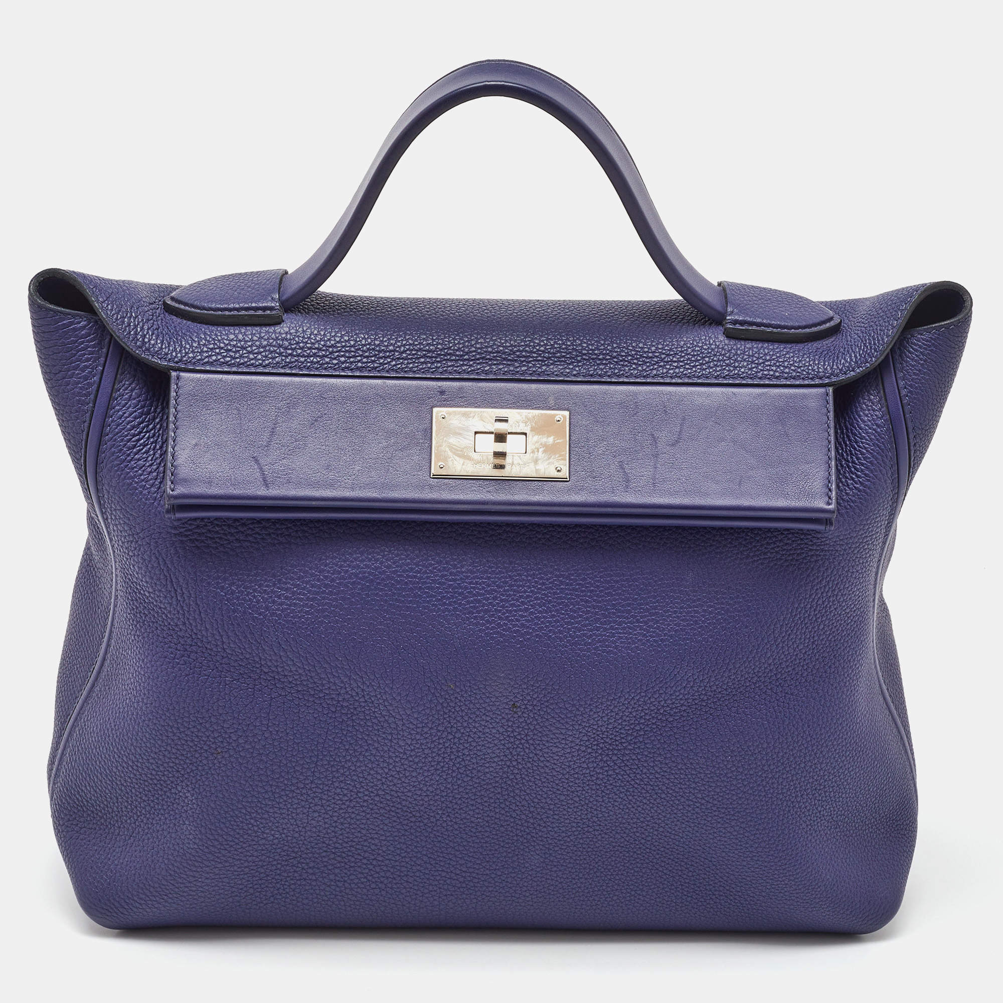 Pre Owned Hermes Blue Encre Togo and Swift Leather Palladium Finish 24/24 35 Bag