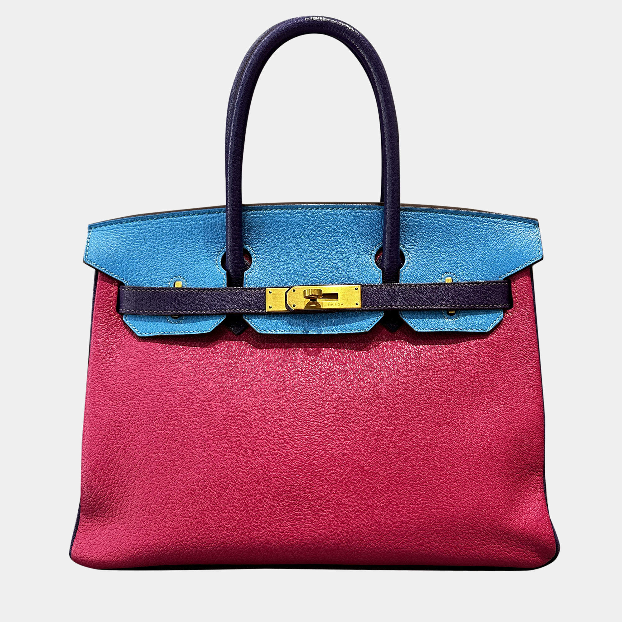 Pre Owned Hermes Birkin 30 Rose Jaipur Lagoon Blue Iris Purple Goat Leather Tote Bag