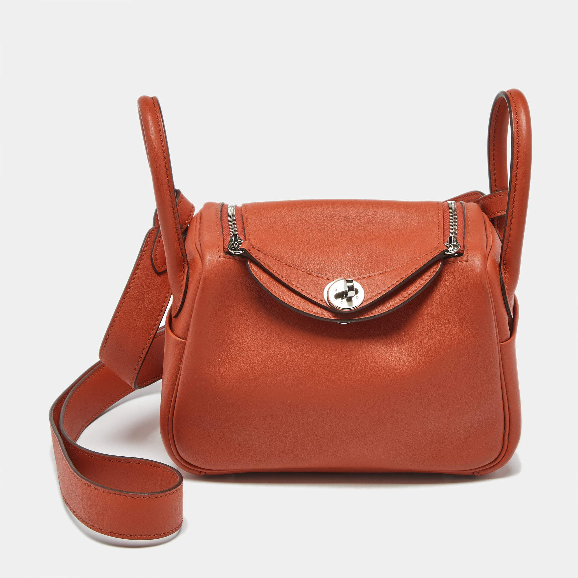 Pre Owned Hermes Terre Battue/Capucine Swift Leather Palladium Finish Mini Lindy Bag