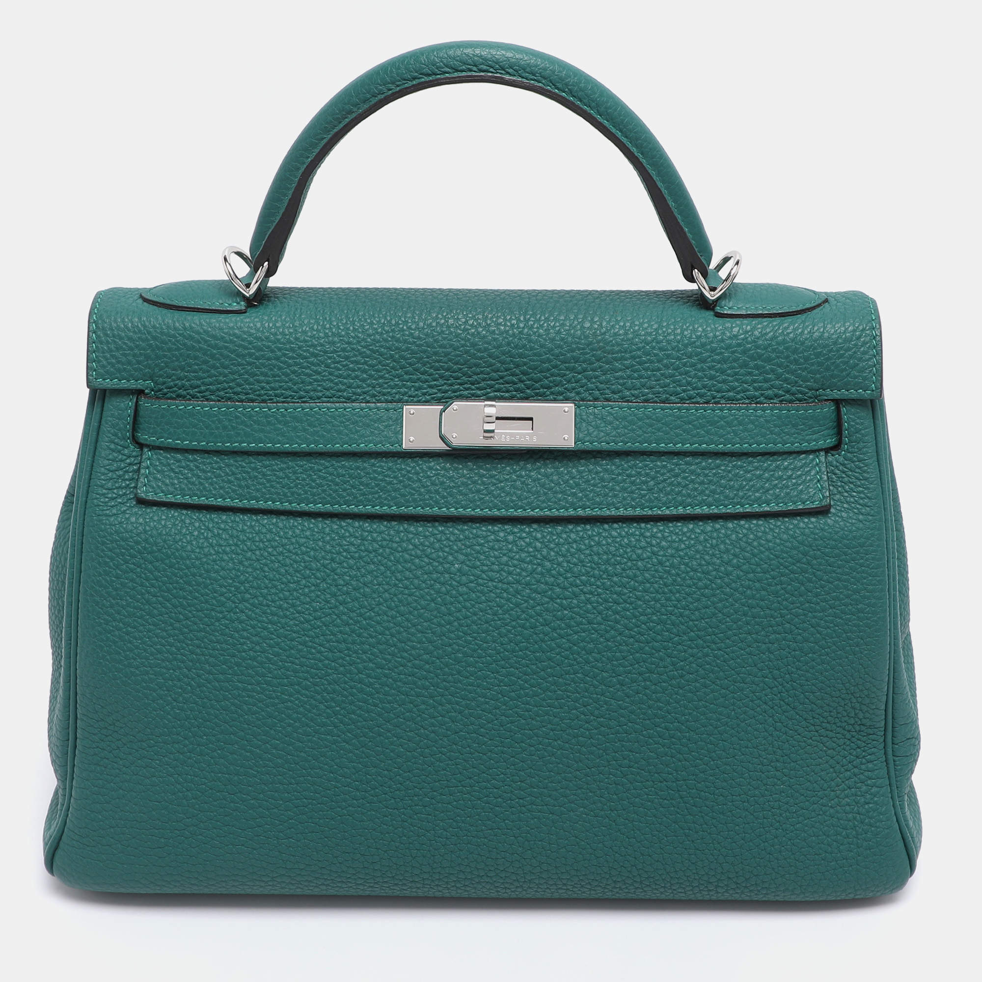 Pre Owned Hermes Vert Verone Clemence Leather Palladium Finish Kelly Retourne 32 Bag