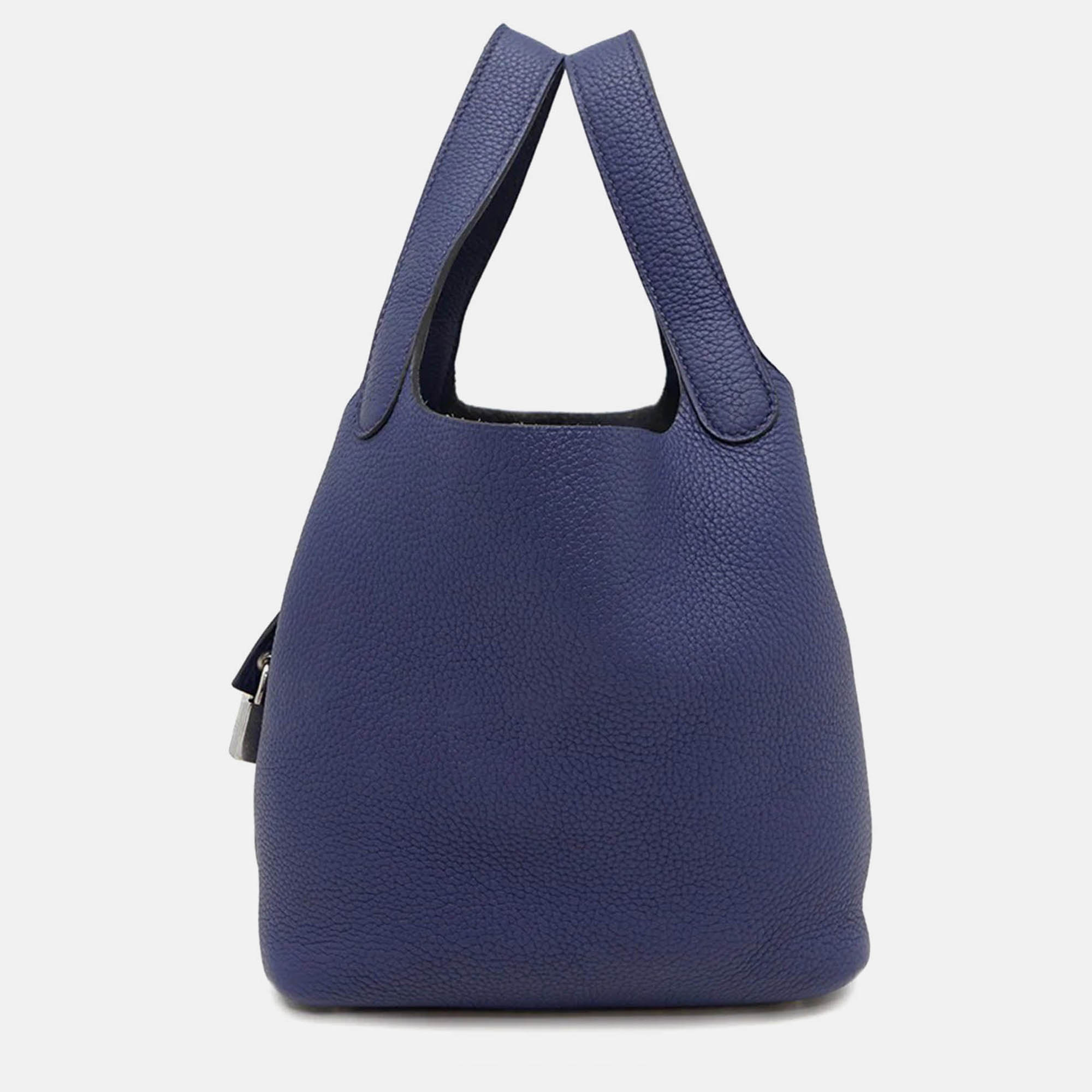 Pre Owned Hermes Picotin Lock 18 Blue Encre Taurillon Clemence Bucket Bag