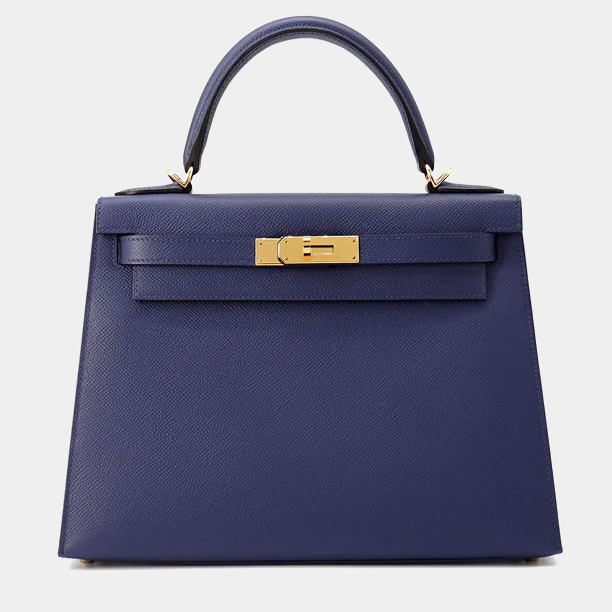 Pre Owned Hermes Kelly Sellier 28 Blue Saphir Epsom Handbag
